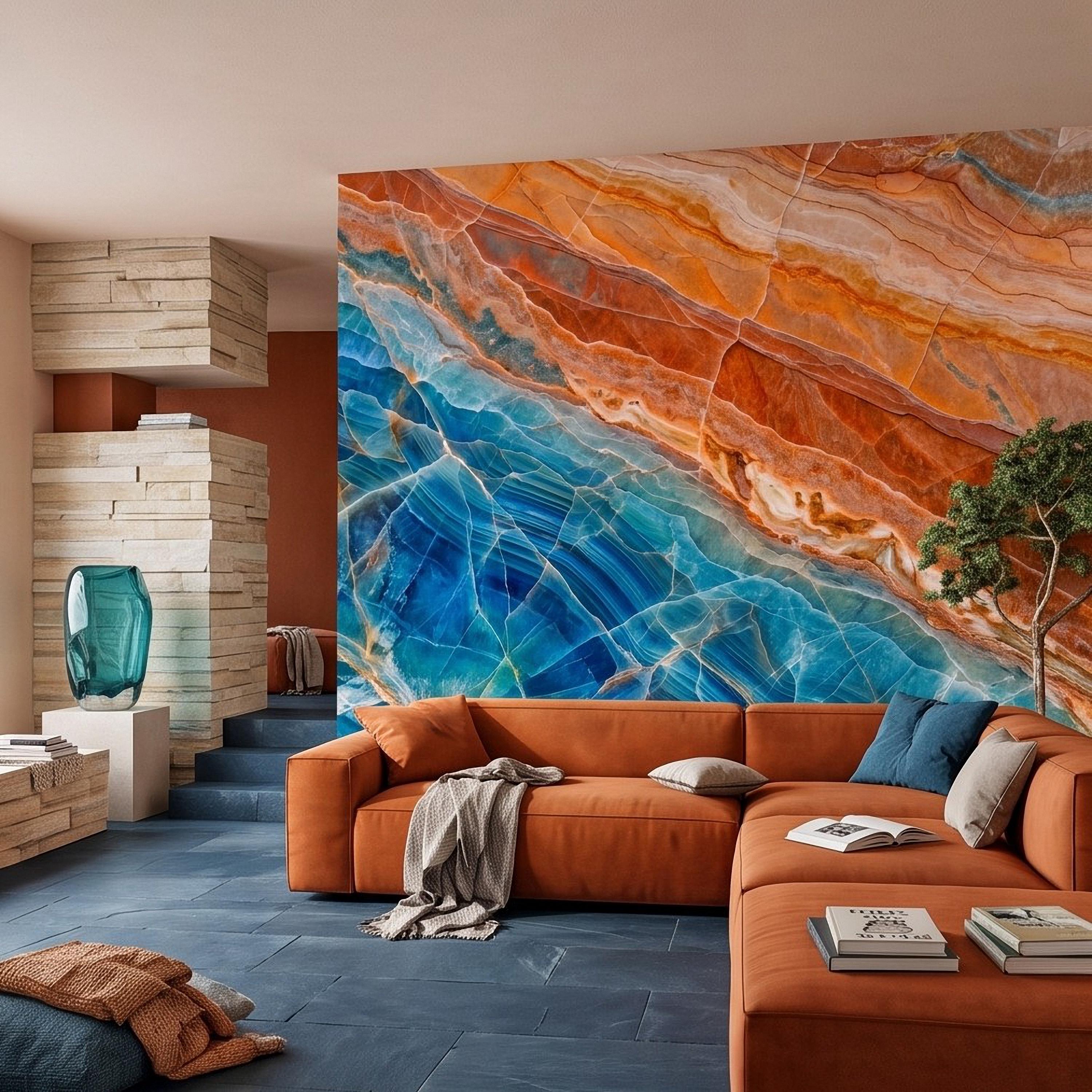 Blue Onyx Peel and Stick Wall Mural, Orange Agate Stone Texture, Luxury Natural Mineral, Abstract Marble Wallpaper