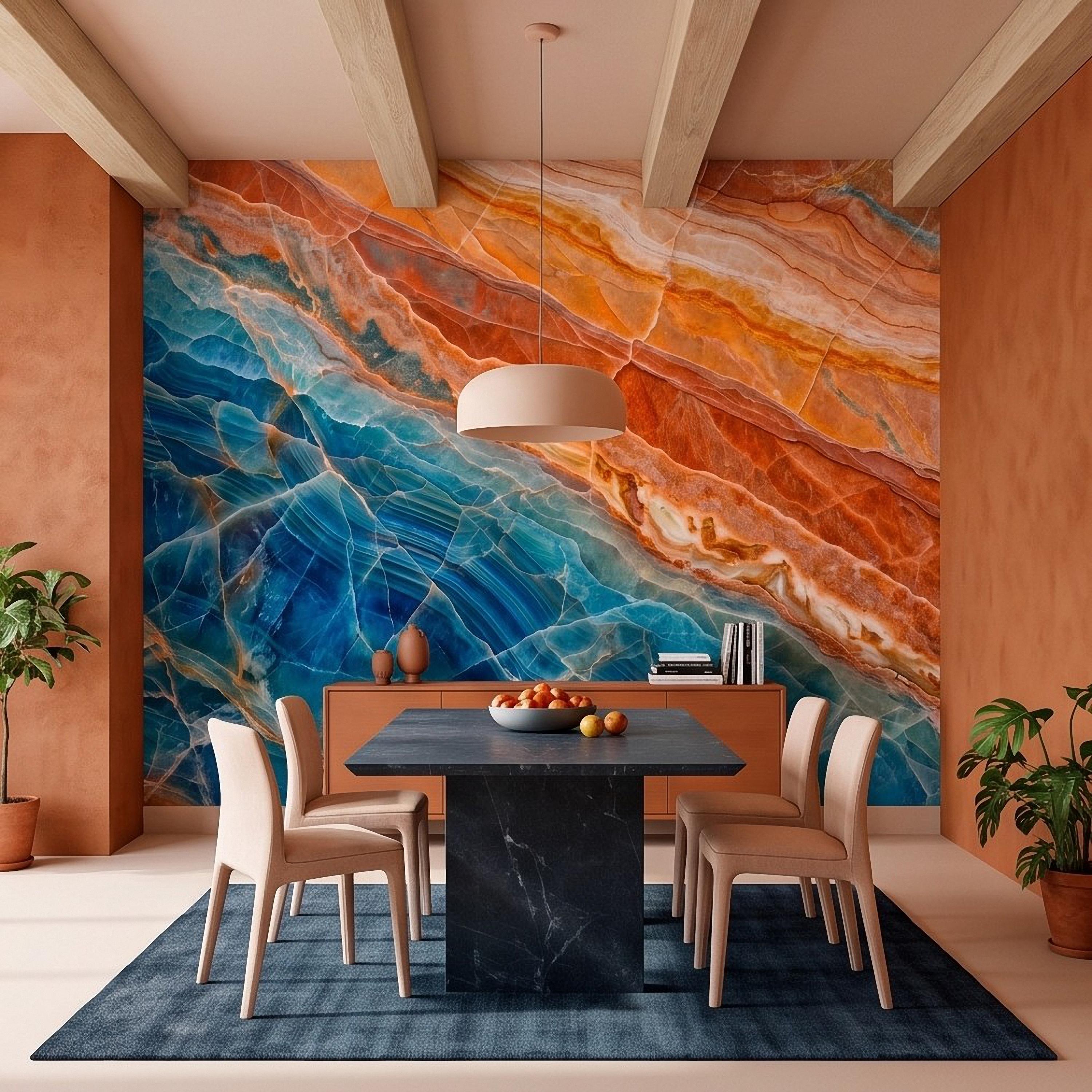 Blue Onyx Peel and Stick Wall Mural, Orange Agate Stone Texture, Luxury Natural Mineral, Abstract Marble Wallpaper