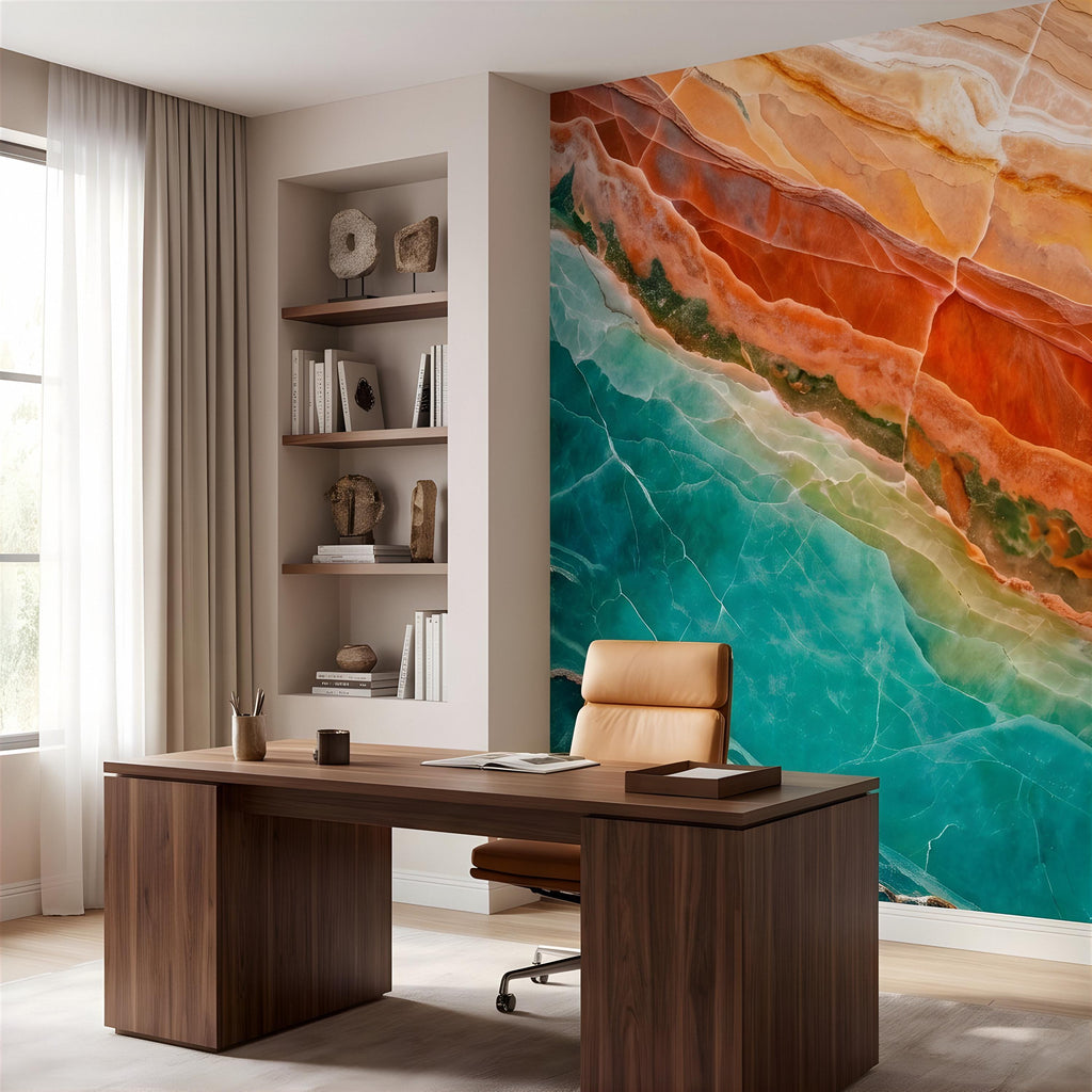 Green Onyx Peel and Stick Wall Mural, Orange Agate Stone Texture, Luxury Natural Mineral Pattern, Abstract Marble Wallpaper