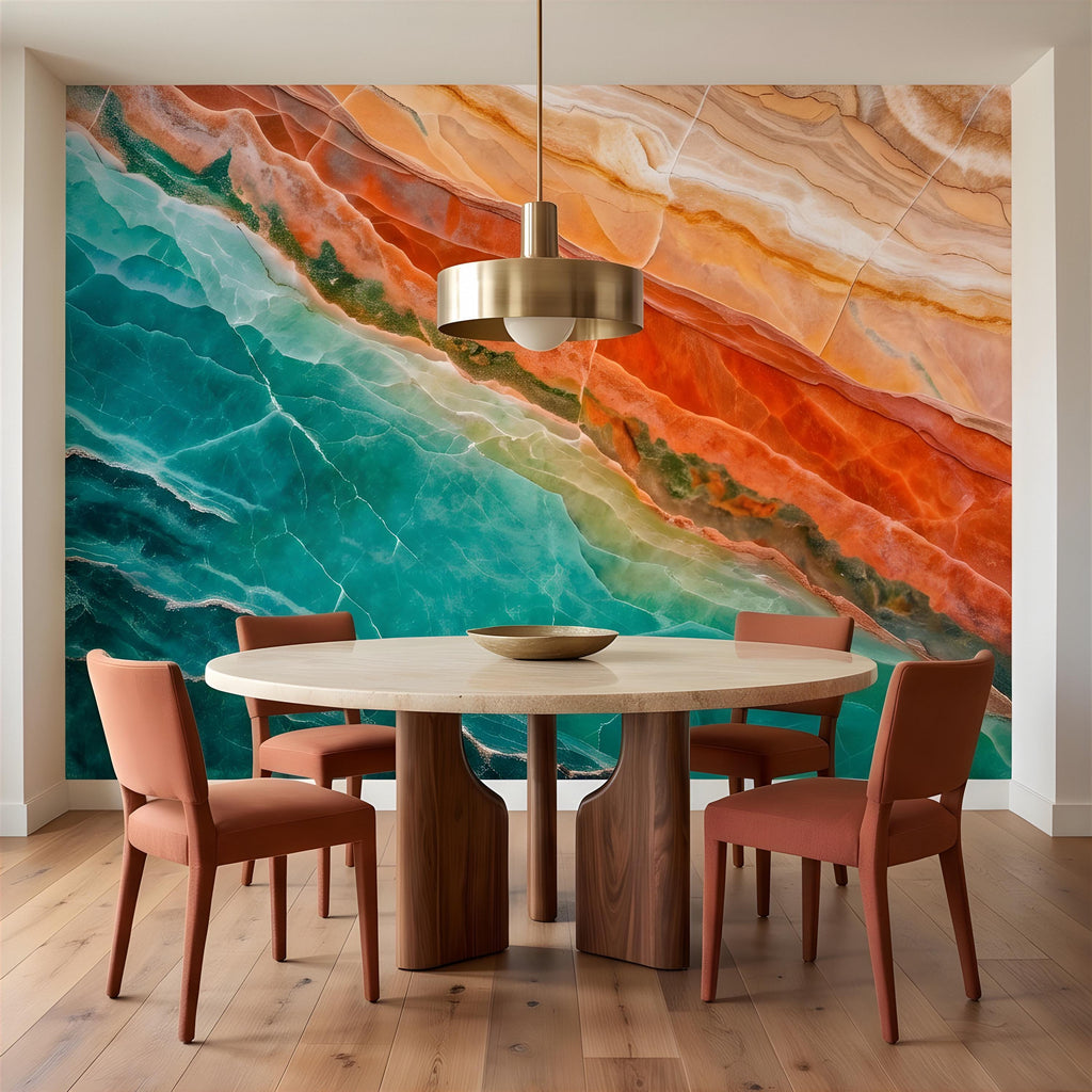 Green Onyx Peel and Stick Wall Mural, Orange Agate Stone Texture, Luxury Natural Mineral Pattern, Abstract Marble Wallpaper