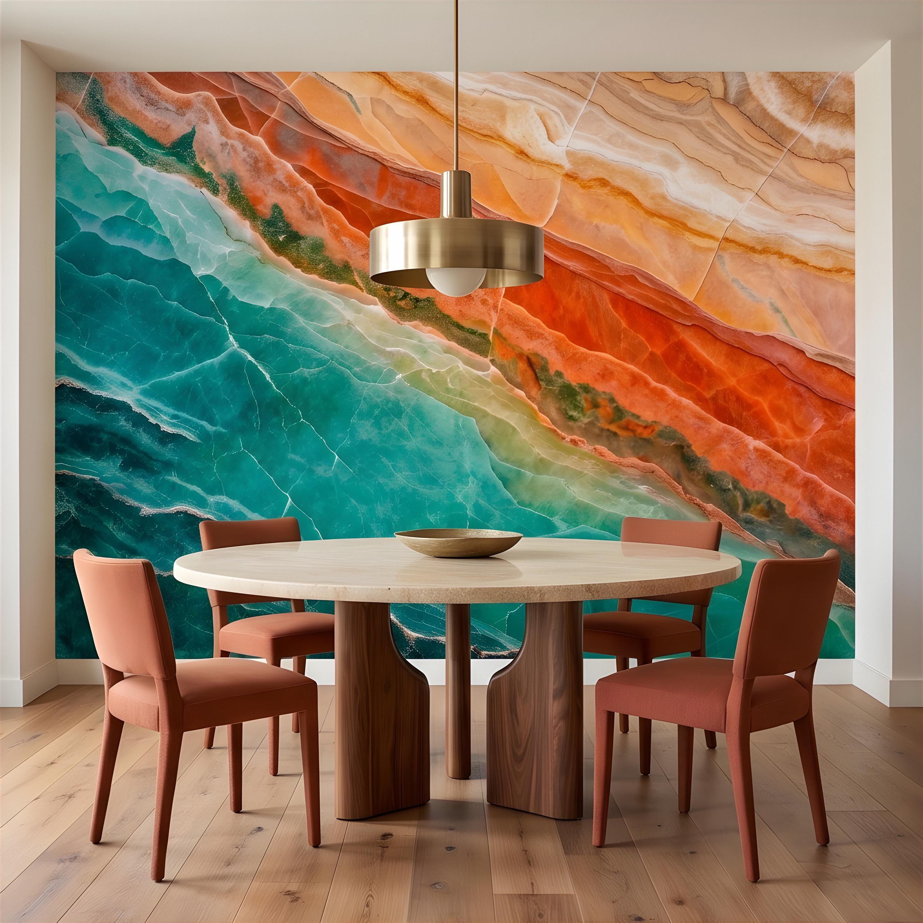 Green Onyx Peel and Stick Wall Mural, Orange Agate Stone Texture, Luxury Natural Mineral Pattern, Abstract Marble Wallpaper