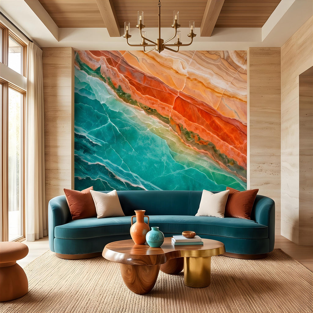 Green Onyx Peel and Stick Wall Mural, Orange Agate Stone Texture, Luxury Natural Mineral Pattern, Abstract Marble Wallpaper