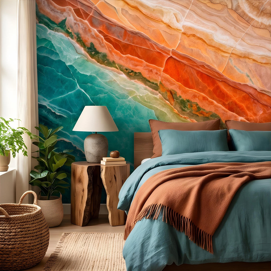 Green Onyx Peel and Stick Wall Mural, Orange Agate Stone Texture, Luxury Natural Mineral Pattern, Abstract Marble Wallpaper