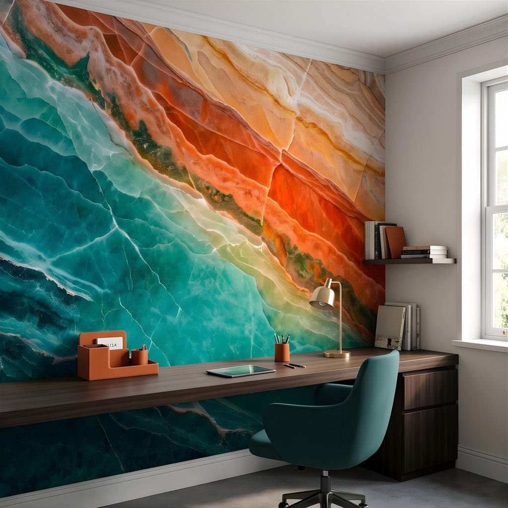 Green Onyx Peel and Stick Wall Mural, Orange Agate Stone Texture, Luxury Natural Mineral Pattern, Abstract Marble Wallpaper