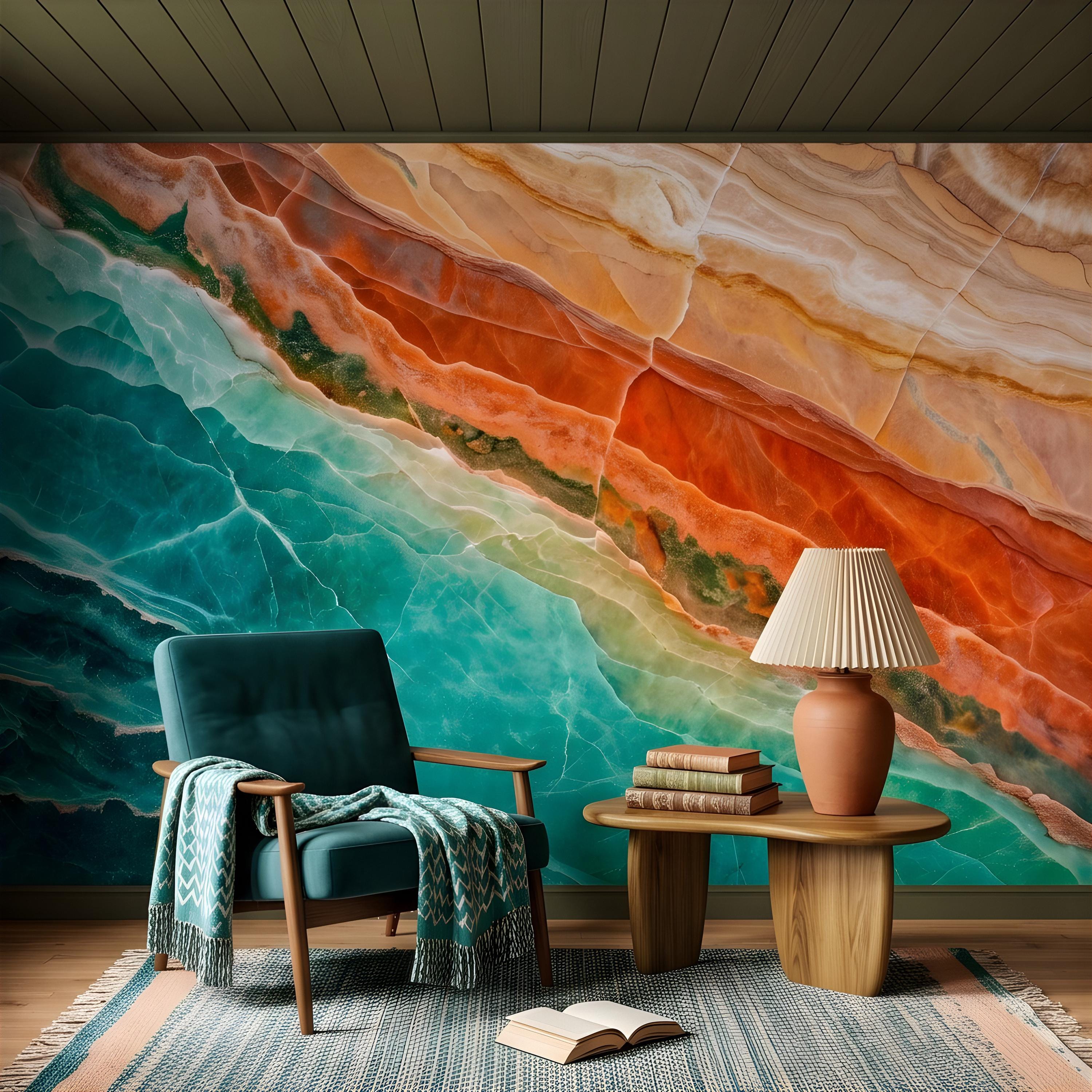 Green Onyx Peel and Stick Wall Mural, Orange Agate Stone Texture, Luxury Natural Mineral Pattern, Abstract Marble Wallpaper