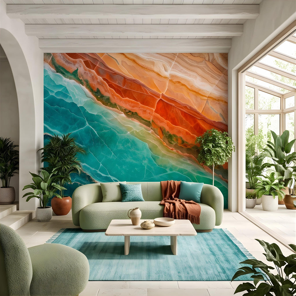 Green Onyx Peel and Stick Wall Mural, Orange Agate Stone Texture, Luxury Natural Mineral Pattern, Abstract Marble Wallpaper