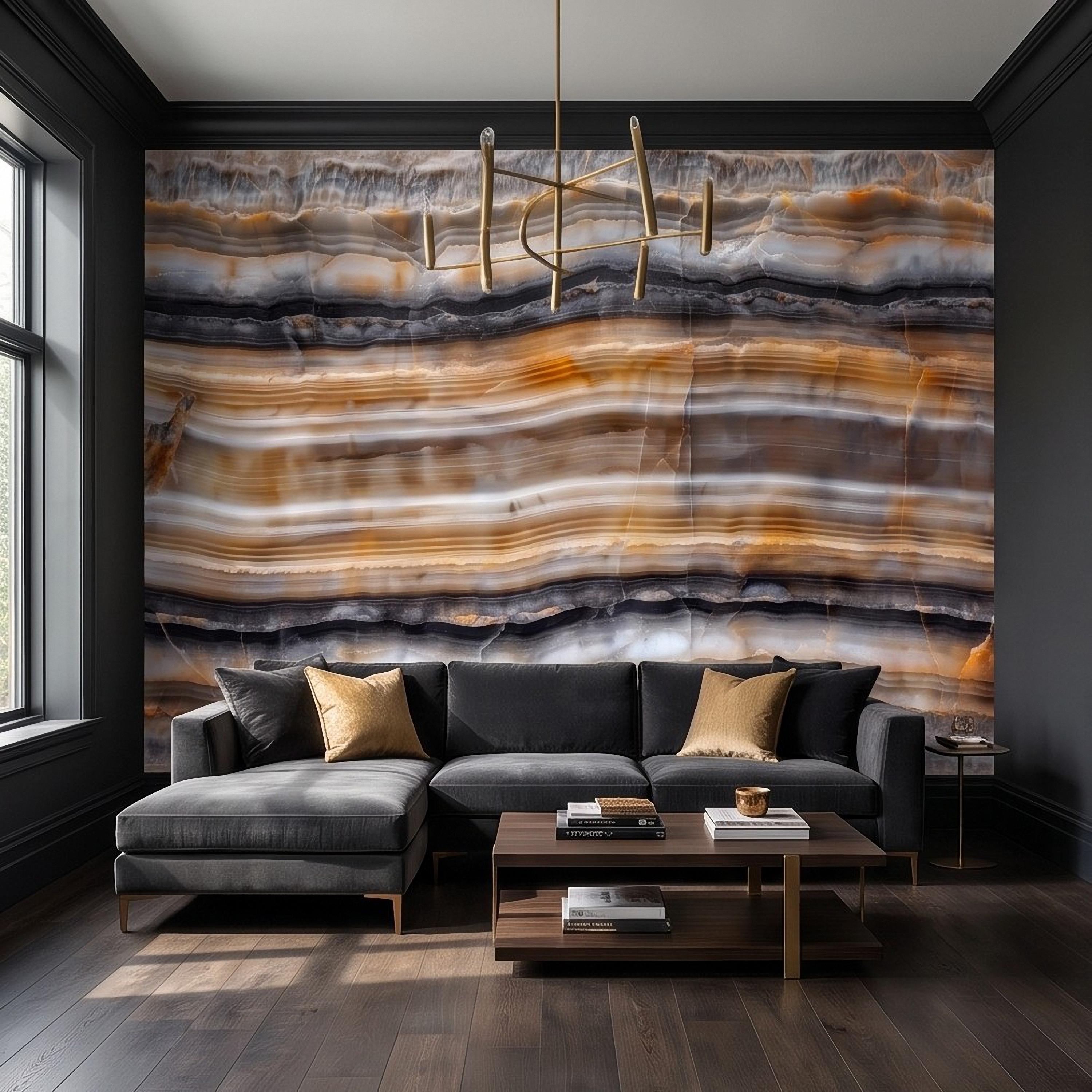 Amber Onyx Peel and Stick Wall Mural, Banded Agate Stone Texture, Luxury Natural Mineral Pattern Abstract Wallpaper