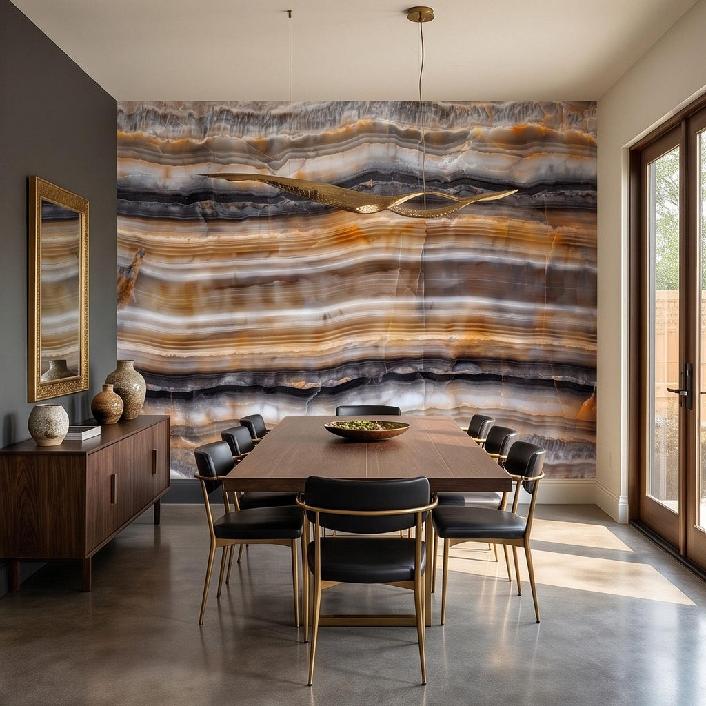 Amber Onyx Peel and Stick Wall Mural, Banded Agate Stone Texture, Luxury Natural Mineral Pattern Abstract Wallpaper