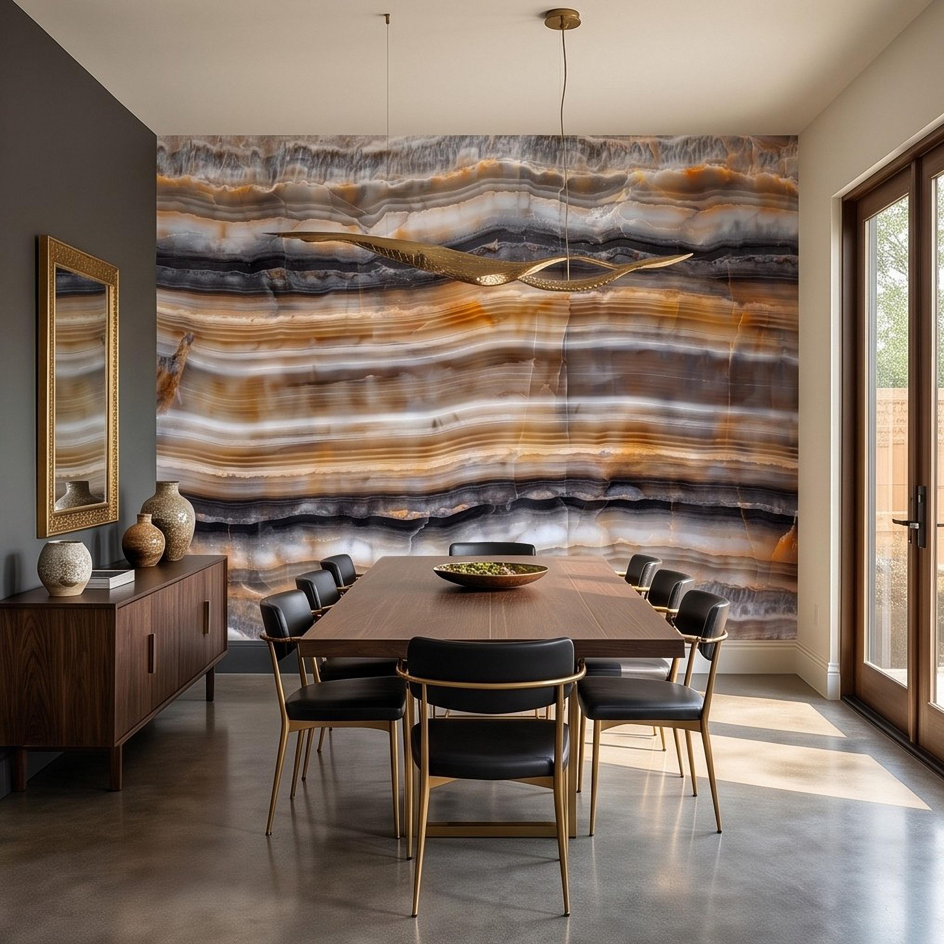 Amber Onyx Peel and Stick Wall Mural, Banded Agate Stone Texture, Luxury Natural Mineral Pattern Abstract Wallpaper