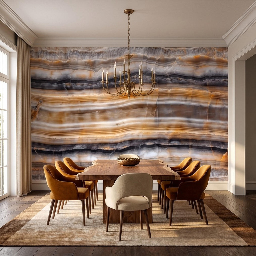 Amber Onyx Peel and Stick Wall Mural, Banded Agate Stone Texture, Luxury Natural Mineral Pattern Abstract Wallpaper