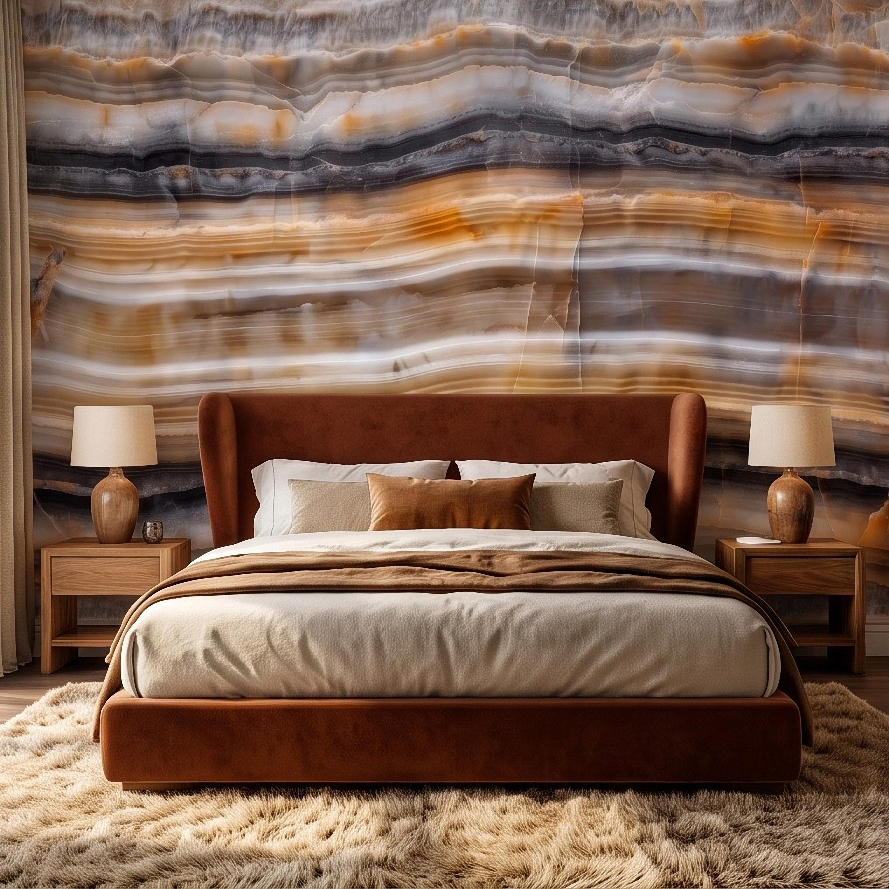 Amber Onyx Peel and Stick Wall Mural, Banded Agate Stone Texture, Luxury Natural Mineral Pattern Abstract Wallpaper