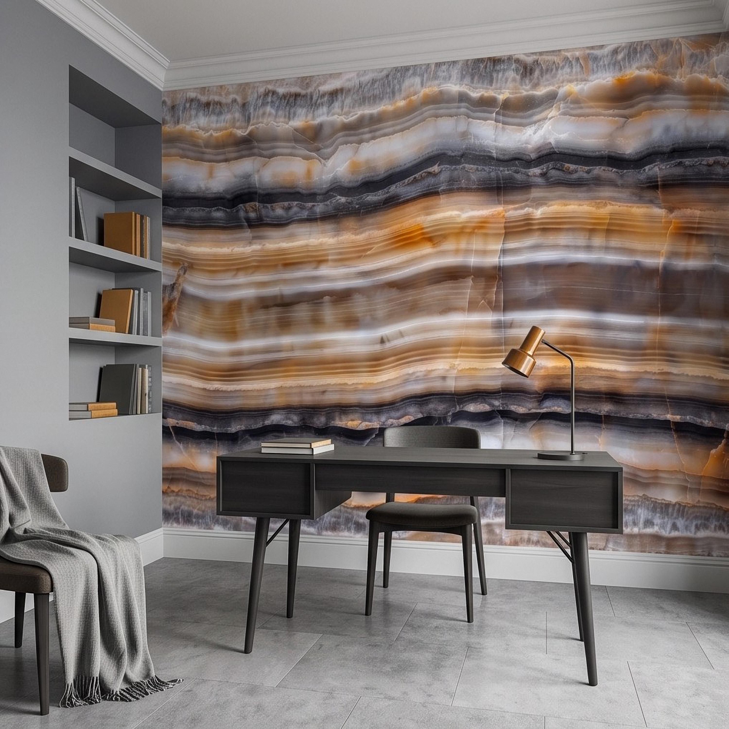 Amber Onyx Peel and Stick Wall Mural, Banded Agate Stone Texture, Luxury Natural Mineral Pattern Abstract Wallpaper