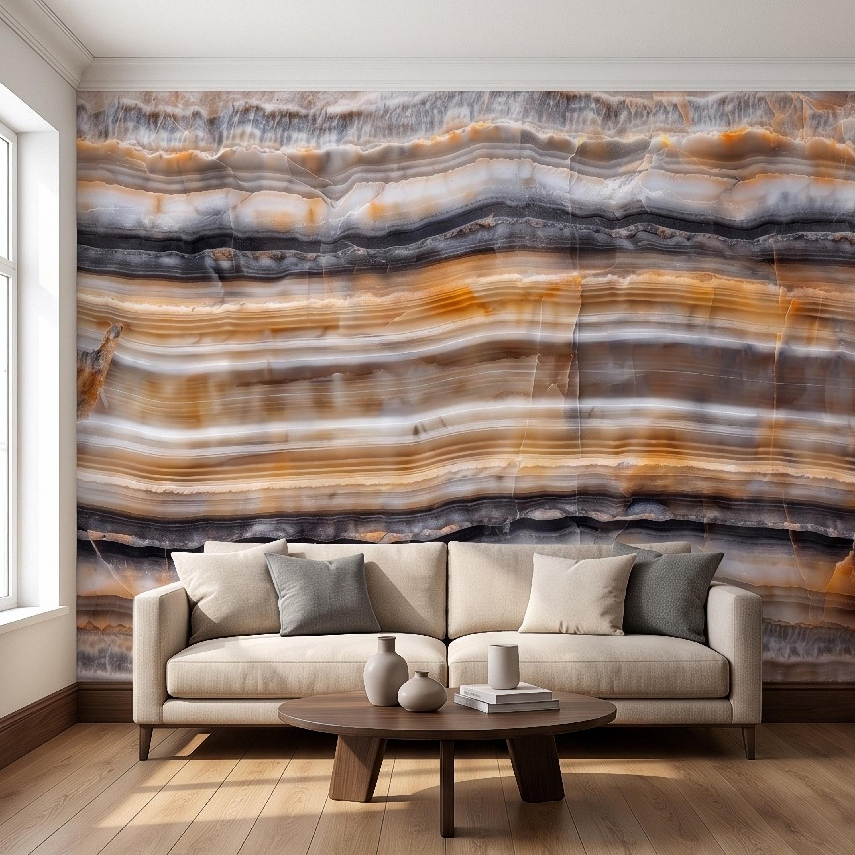 Amber Onyx Peel and Stick Wall Mural, Banded Agate Stone Texture, Luxury Natural Mineral Pattern Abstract Wallpaper