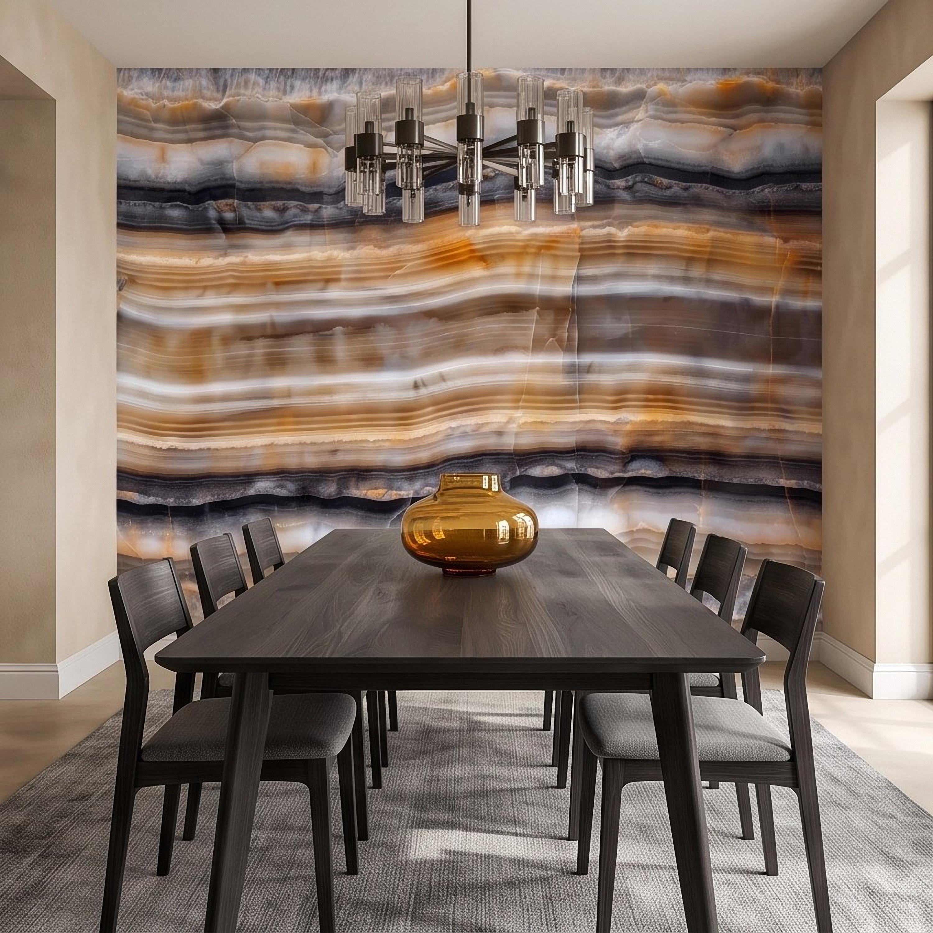 Amber Onyx Peel and Stick Wall Mural, Banded Agate Stone Texture, Luxury Natural Mineral Pattern Abstract Wallpaper