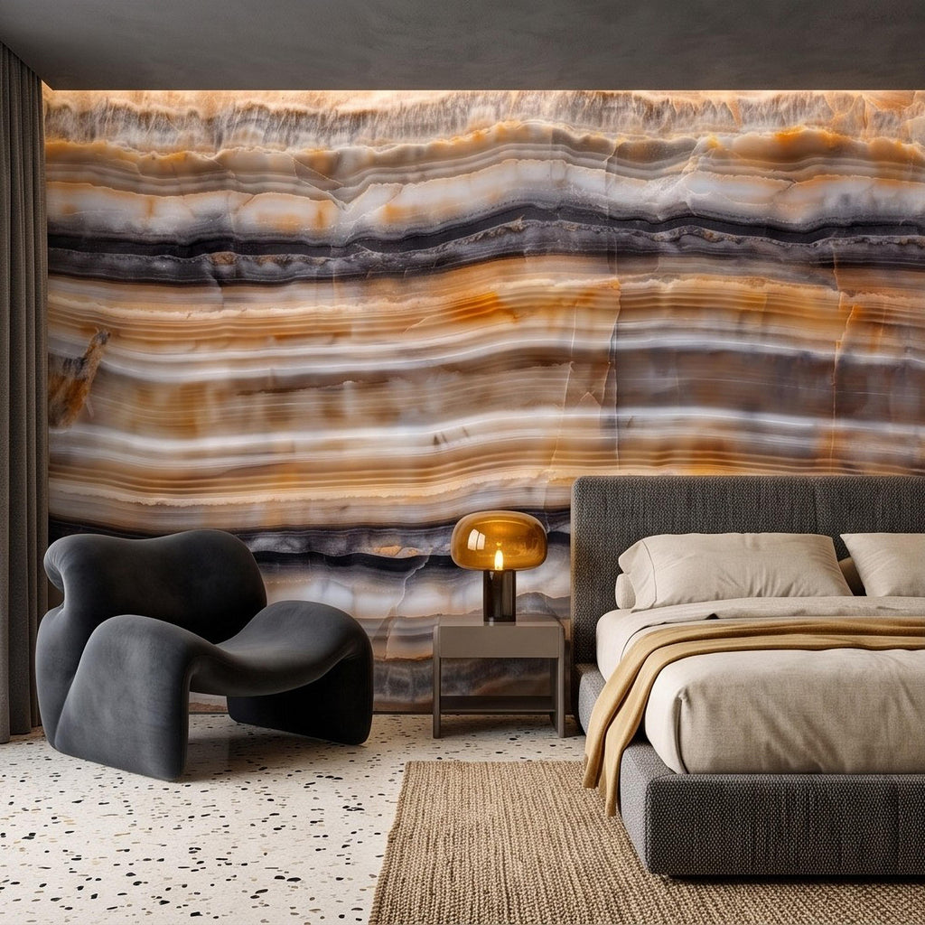 Amber Onyx Peel and Stick Wall Mural, Banded Agate Stone Texture, Luxury Natural Mineral Pattern Abstract Wallpaper