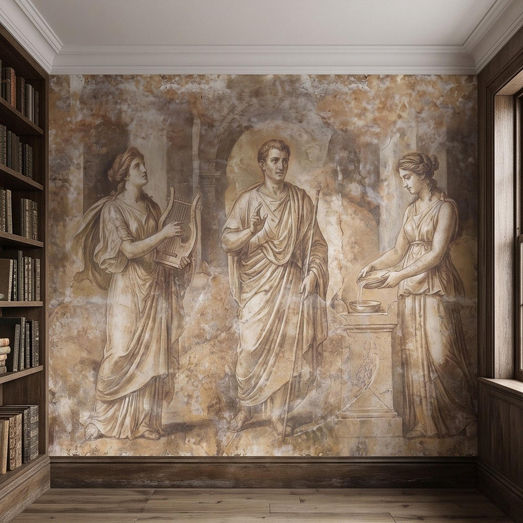 Ancient Roman Fresco Peel and Stick Wall Mural, Classical Figures Antique Plaster Texture Greco Roman Wallpaper