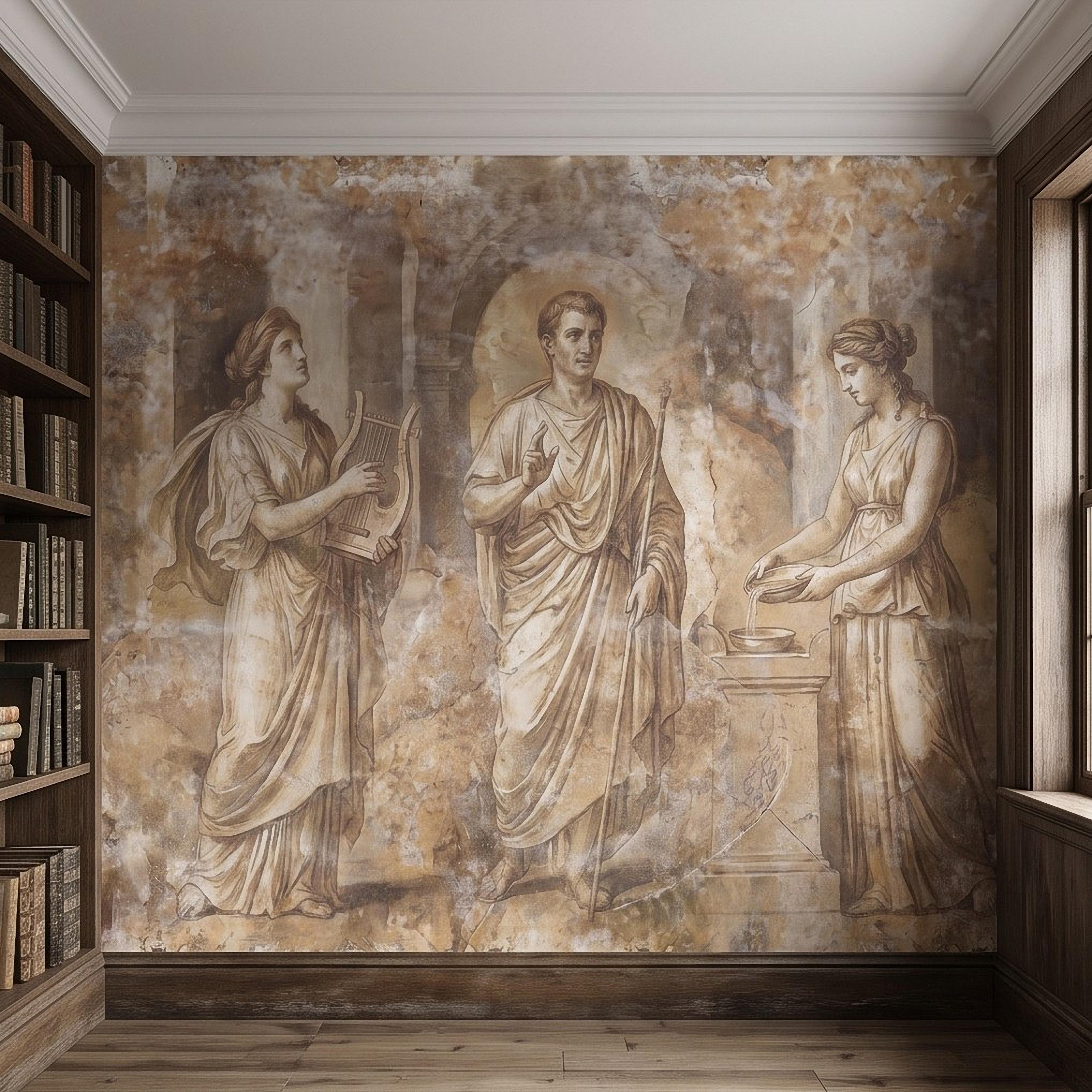 Ancient Roman Fresco Peel and Stick Wall Mural, Classical Figures Antique Plaster Texture Greco Roman Wallpaper