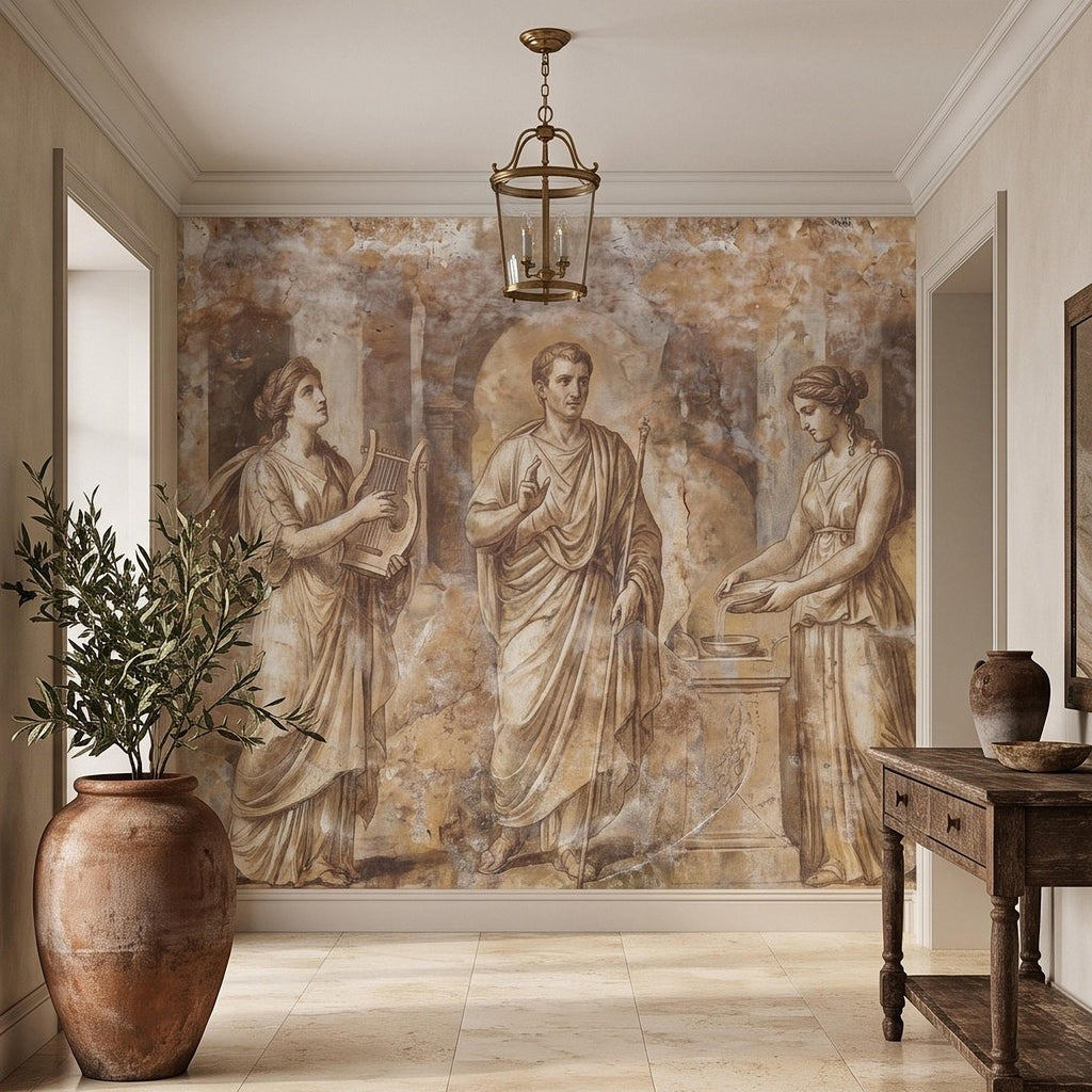 Ancient Roman Fresco Peel and Stick Wall Mural, Classical Figures Antique Plaster Texture Greco Roman Wallpaper