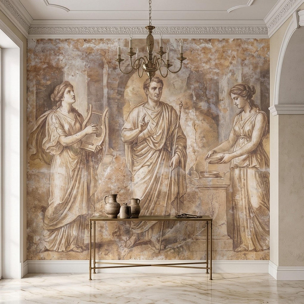 Ancient Roman Fresco Peel and Stick Wall Mural, Classical Figures Antique Plaster Texture Greco Roman Wallpaper