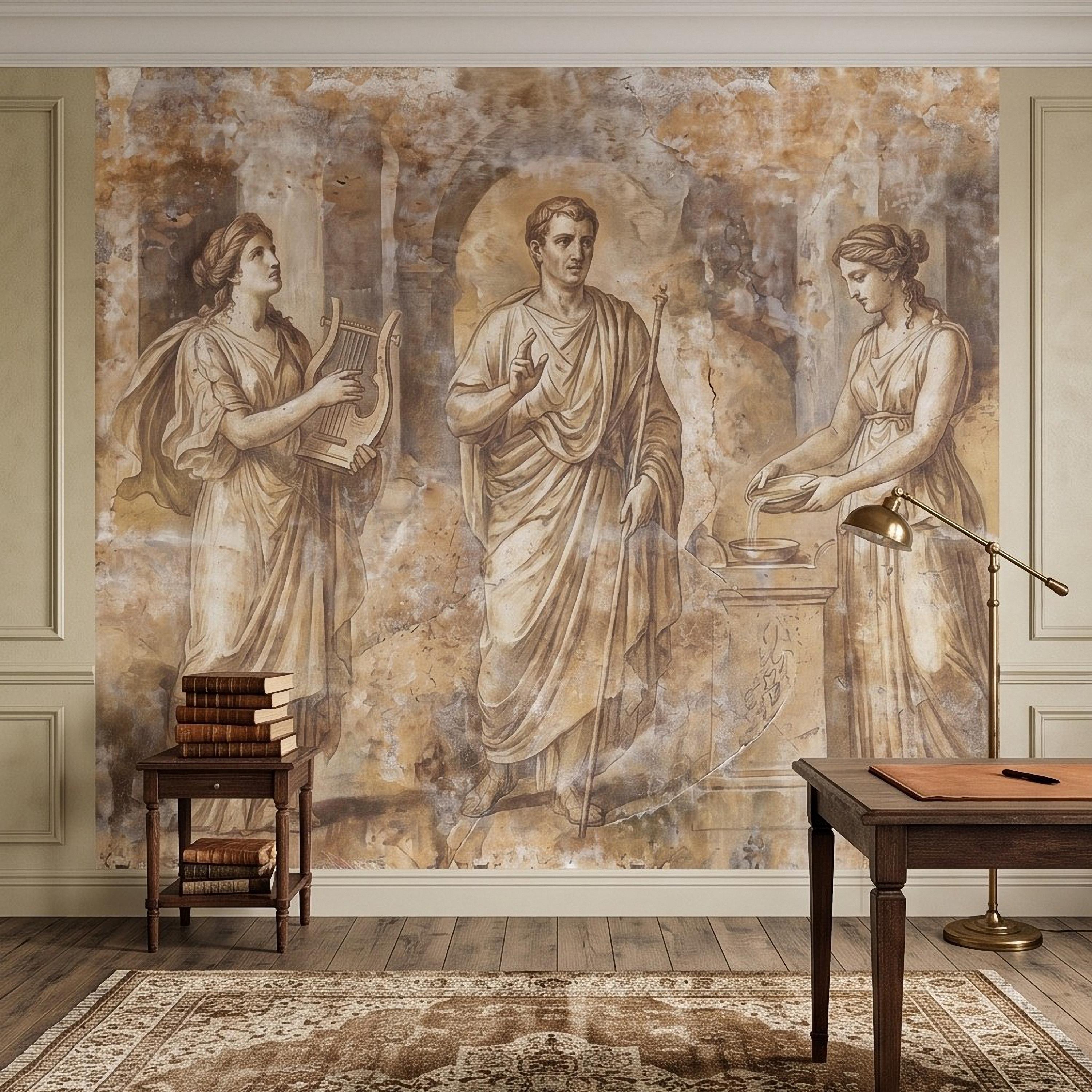 Ancient Roman Fresco Peel and Stick Wall Mural, Classical Figures Antique Plaster Texture Greco Roman Wallpaper