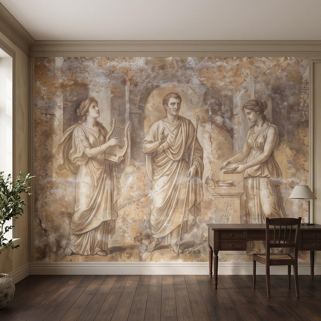 Ancient Roman Fresco Peel and Stick Wall Mural, Classical Figures Antique Plaster Texture Greco Roman Wallpaper