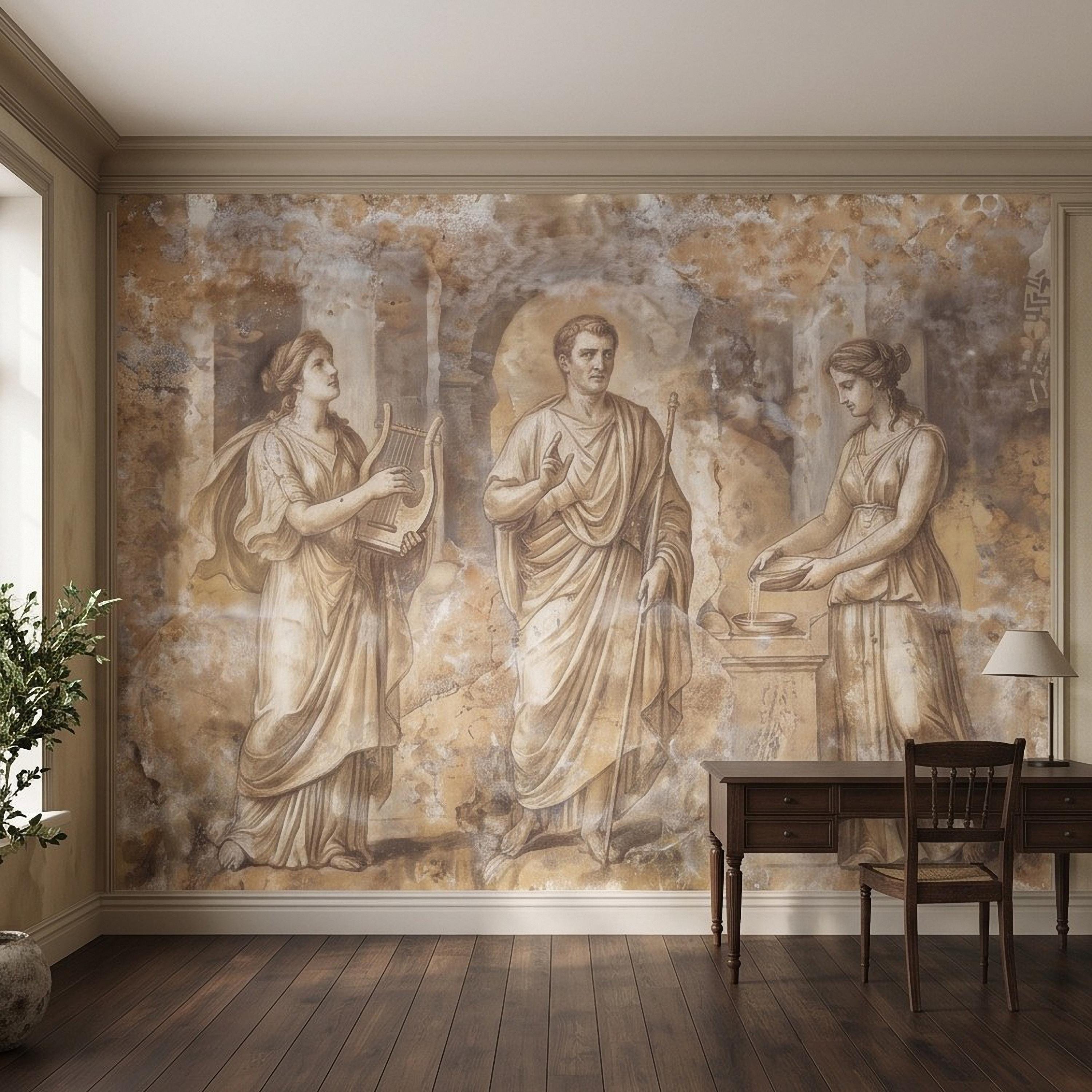 Ancient Roman Fresco Peel and Stick Wall Mural, Classical Figures Antique Plaster Texture Greco Roman Wallpaper