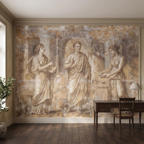 Classical wall mural featuring three robed figures at a stone temple scene, in tan and cream.