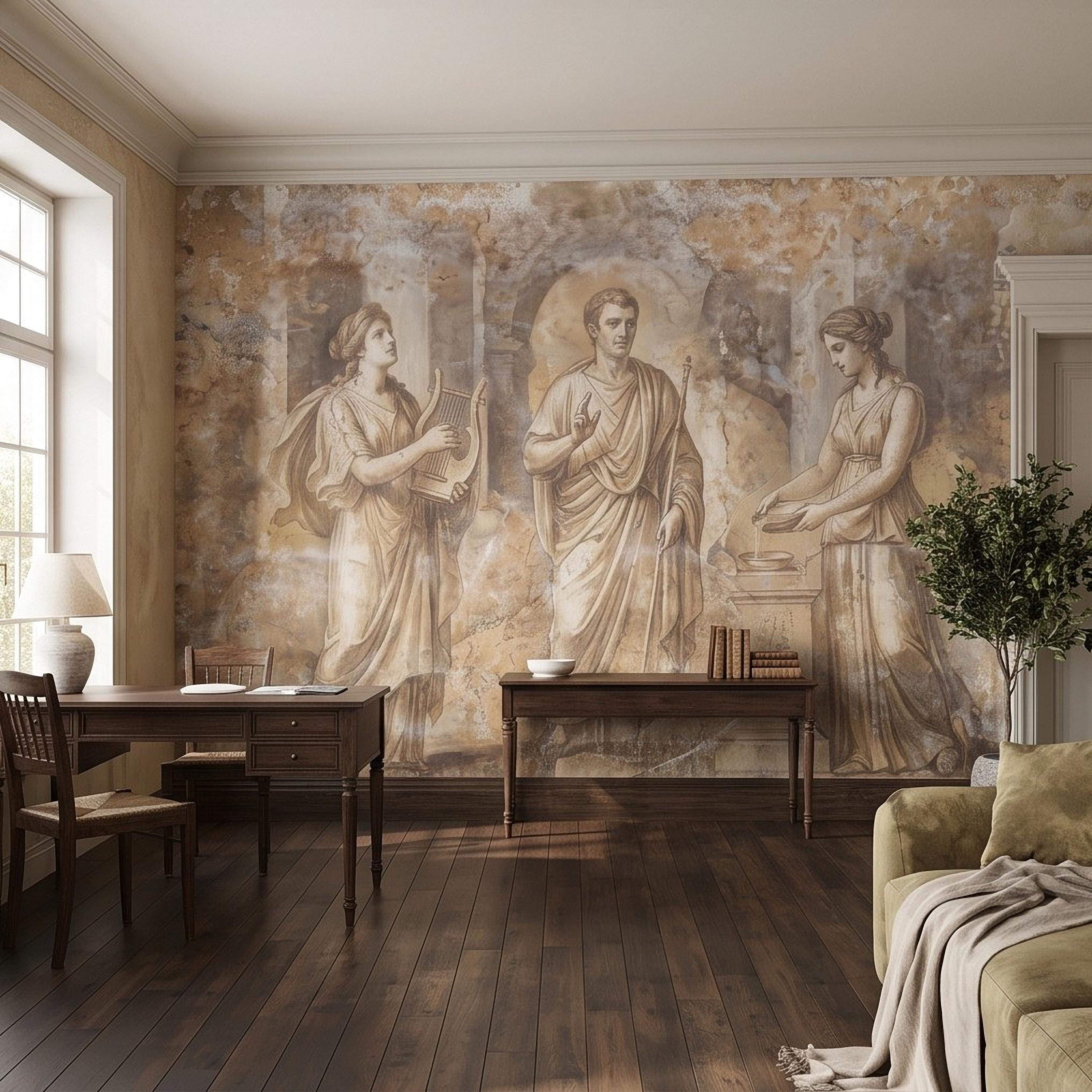 Ancient Roman Fresco Peel and Stick Wall Mural, Classical Figures Antique Plaster Texture Greco Roman Wallpaper