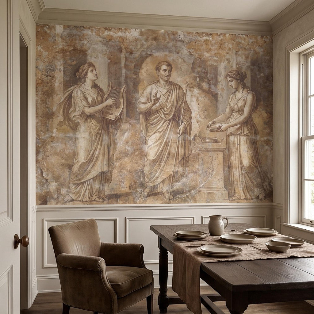Ancient Roman Fresco Peel and Stick Wall Mural, Classical Figures Antique Plaster Texture Greco Roman Wallpaper