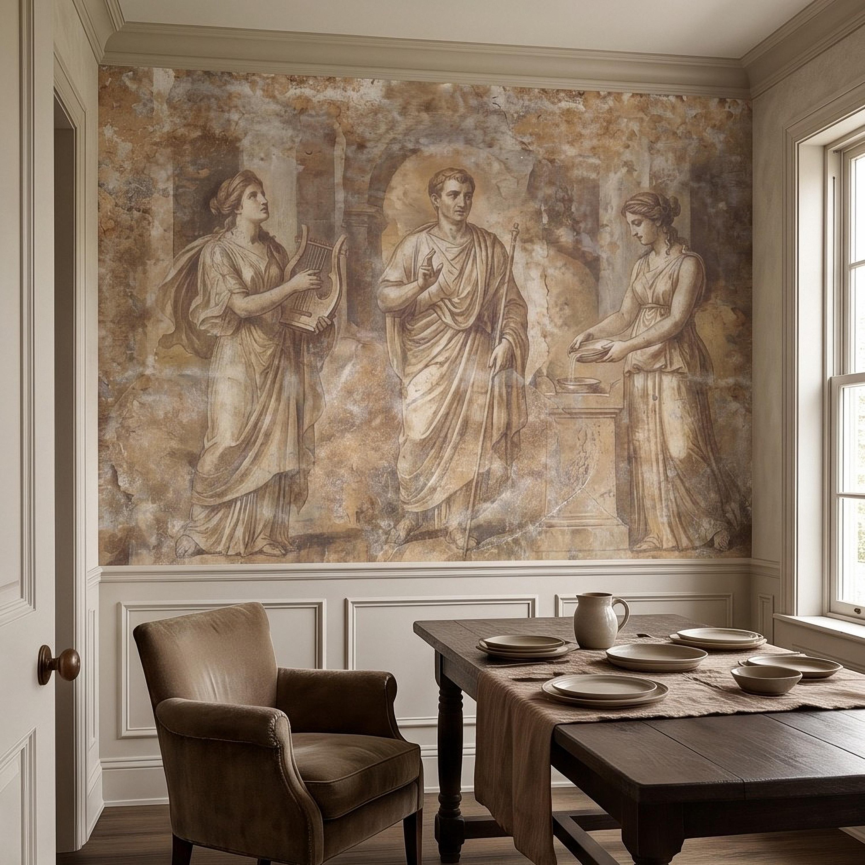 Ancient Roman Fresco Peel and Stick Wall Mural, Classical Figures Antique Plaster Texture Greco Roman Wallpaper