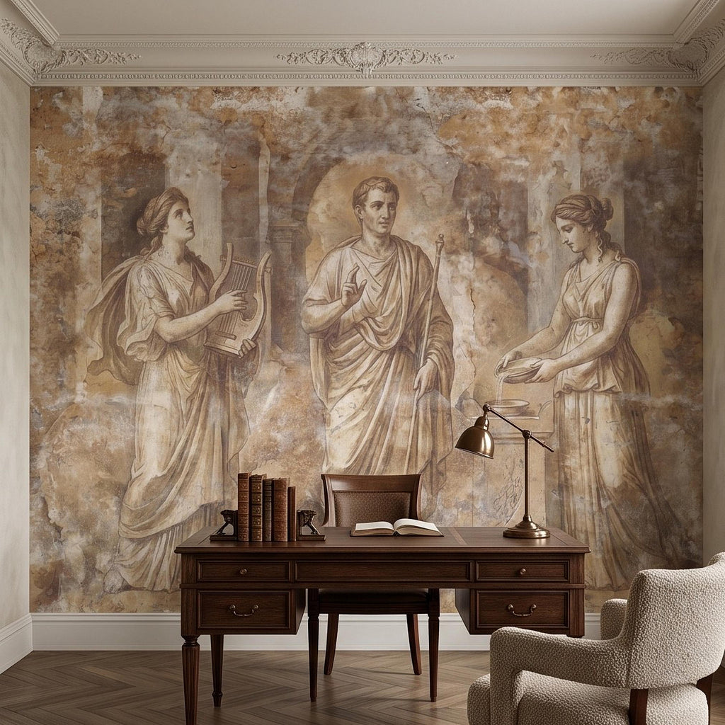 Ancient Roman Fresco Peel and Stick Wall Mural, Classical Figures Antique Plaster Texture Greco Roman Wallpaper