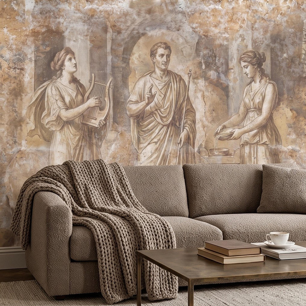 Ancient Roman Fresco Peel and Stick Wall Mural, Classical Figures Antique Plaster Texture Greco Roman Wallpaper