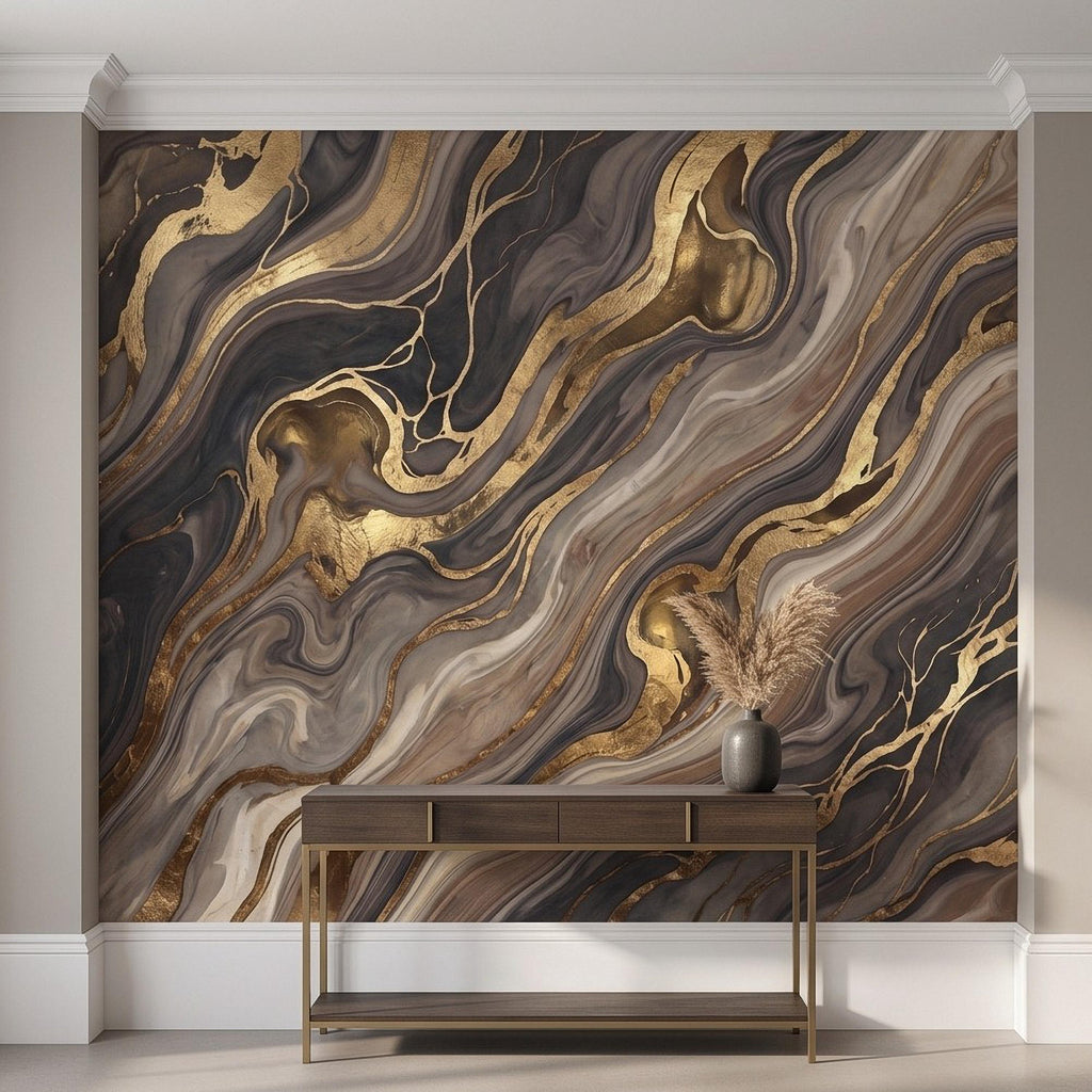 Abstract Fluid Stone Peel and Stick Wall Mural, Black Taupe Gold Organic Mineral Texture Luxury Wallpaper