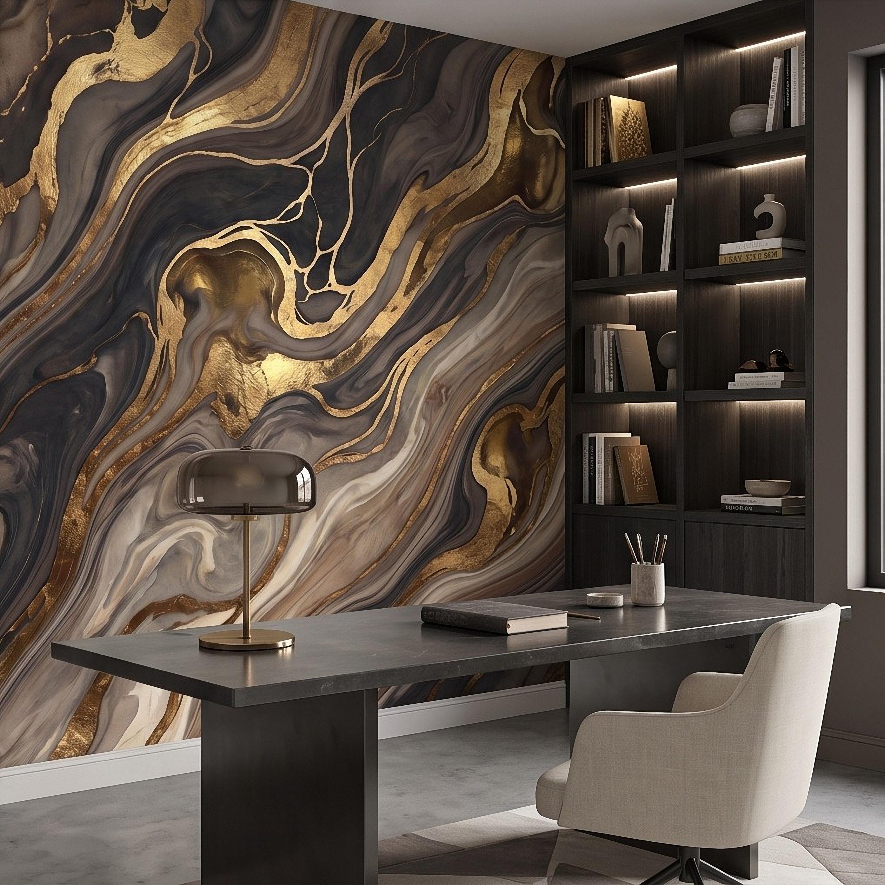 Abstract Fluid Stone Peel and Stick Wall Mural, Black Taupe Gold Organic Mineral Texture Luxury Wallpaper