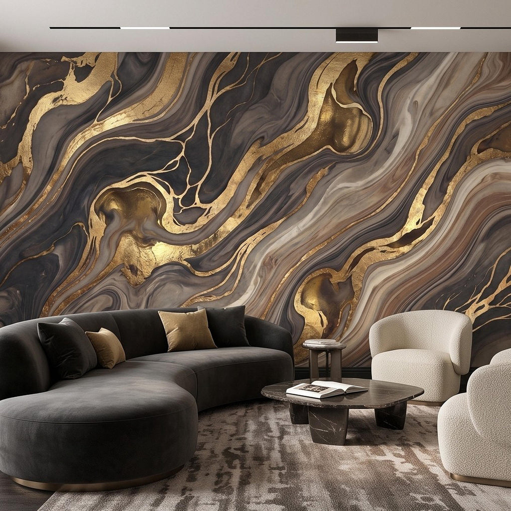 Abstract Fluid Stone Peel and Stick Wall Mural, Black Taupe Gold Organic Mineral Texture Luxury Wallpaper