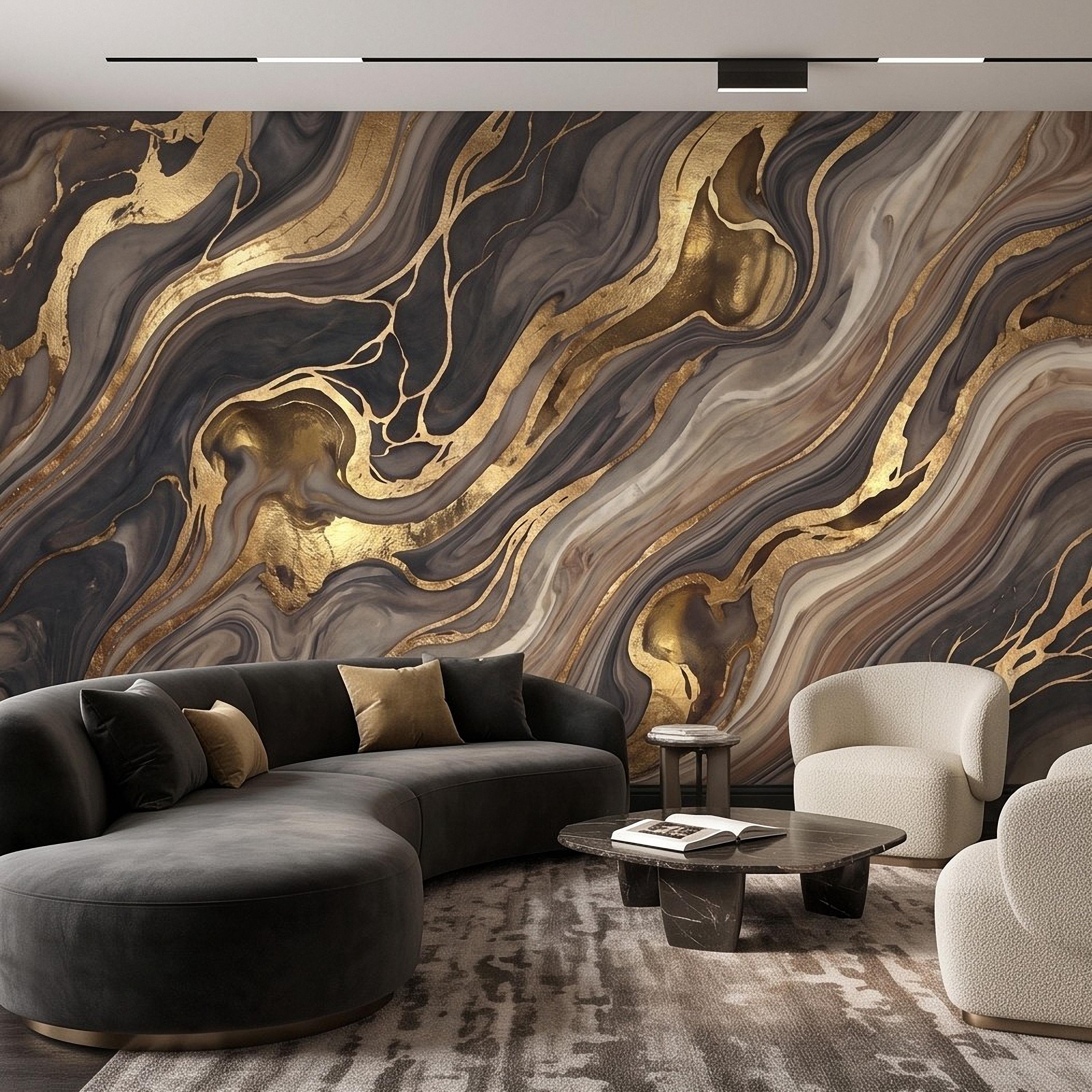 Abstract Fluid Stone Peel and Stick Wall Mural, Black Taupe Gold Organic Mineral Texture Luxury Wallpaper