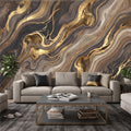 Abstract Fluid Stone Peel and Stick Wall Mural, Black Taupe Gold Organic Mineral Texture Luxury Wallpaper