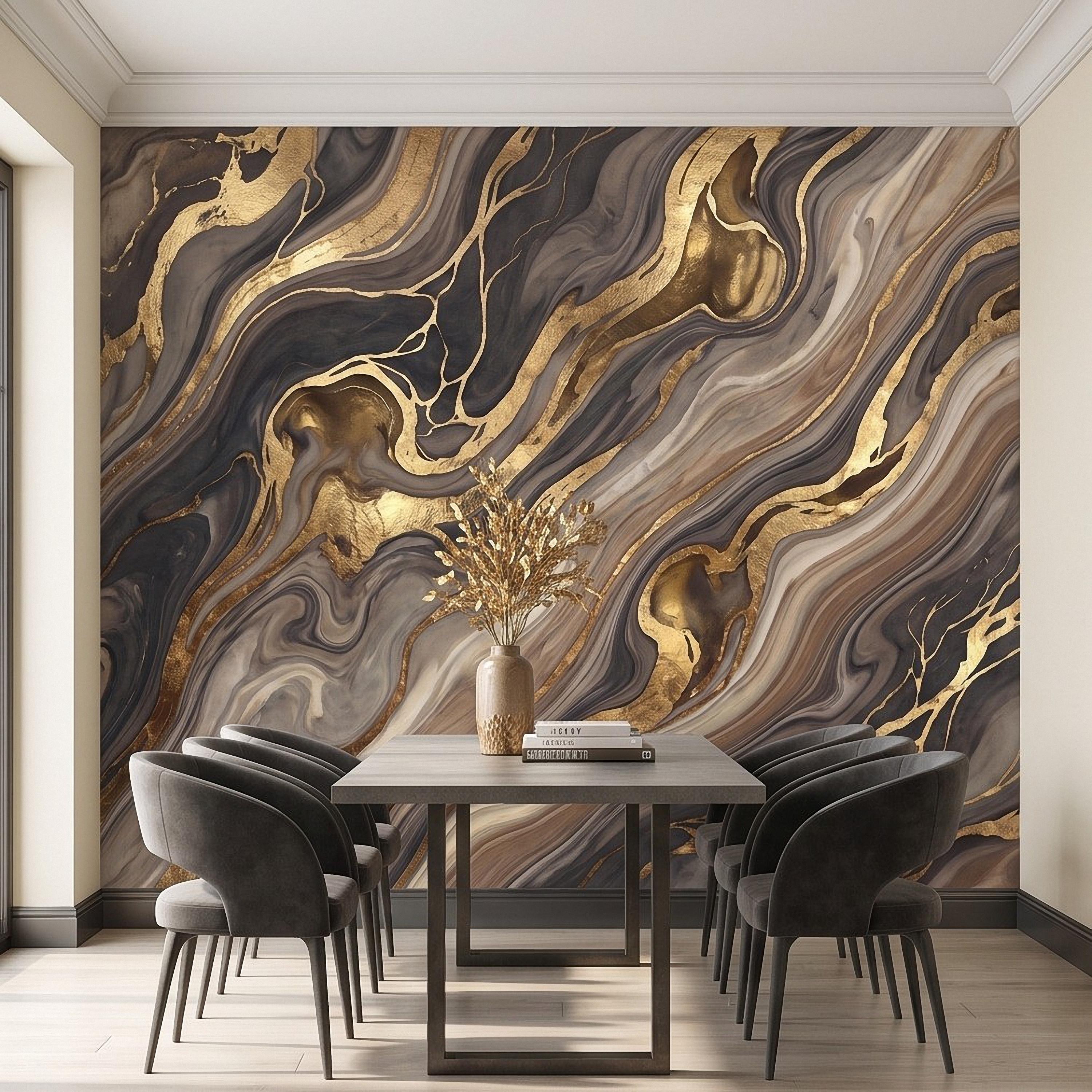 Abstract Fluid Stone Peel and Stick Wall Mural, Black Taupe Gold Organic Mineral Texture Luxury Wallpaper