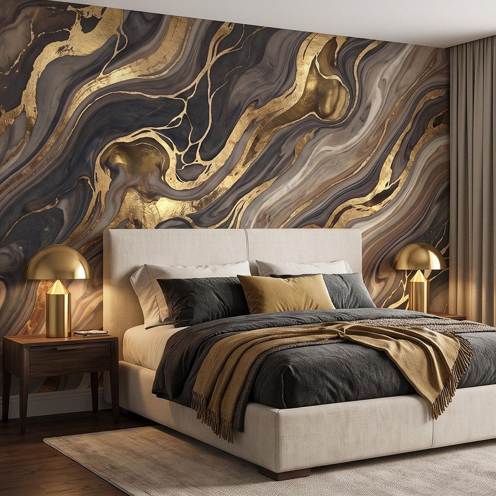 Abstract Fluid Stone Peel and Stick Wall Mural, Black Taupe Gold Organic Mineral Texture Luxury Wallpaper