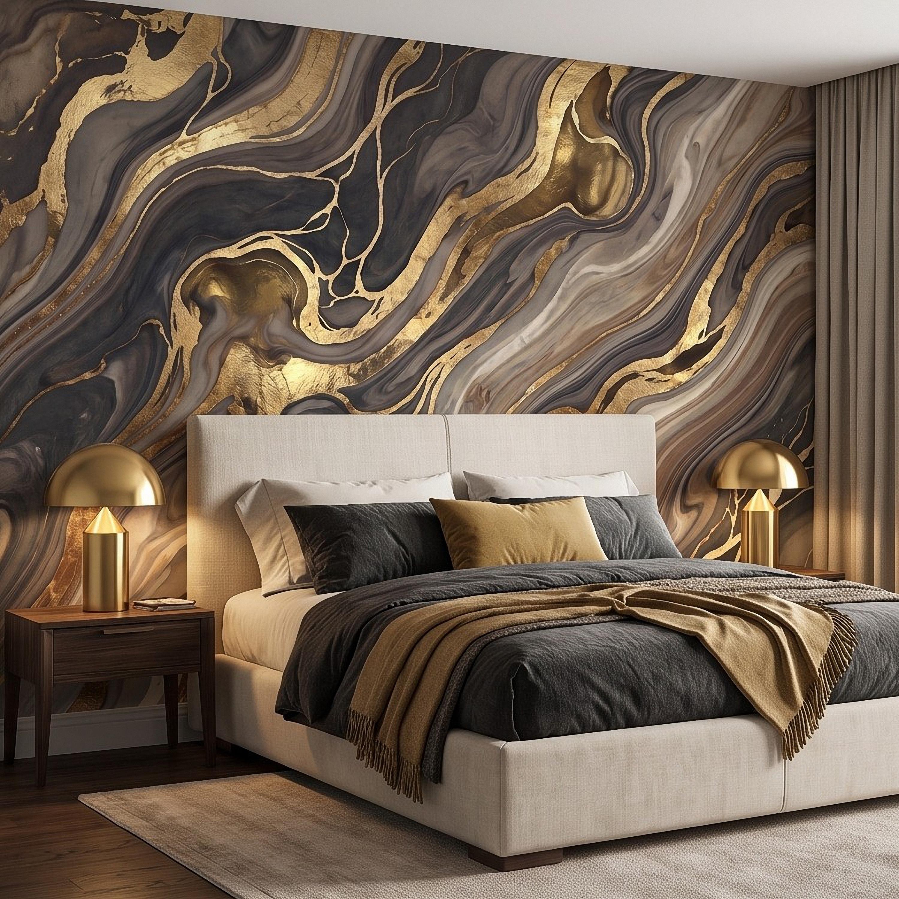Abstract Fluid Stone Peel and Stick Wall Mural, Black Taupe Gold Organic Mineral Texture Luxury Wallpaper