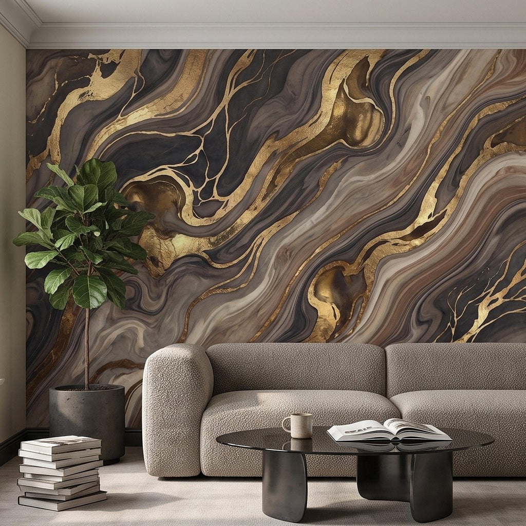 Abstract Fluid Stone Peel and Stick Wall Mural, Black Taupe Gold Organic Mineral Texture Luxury Wallpaper