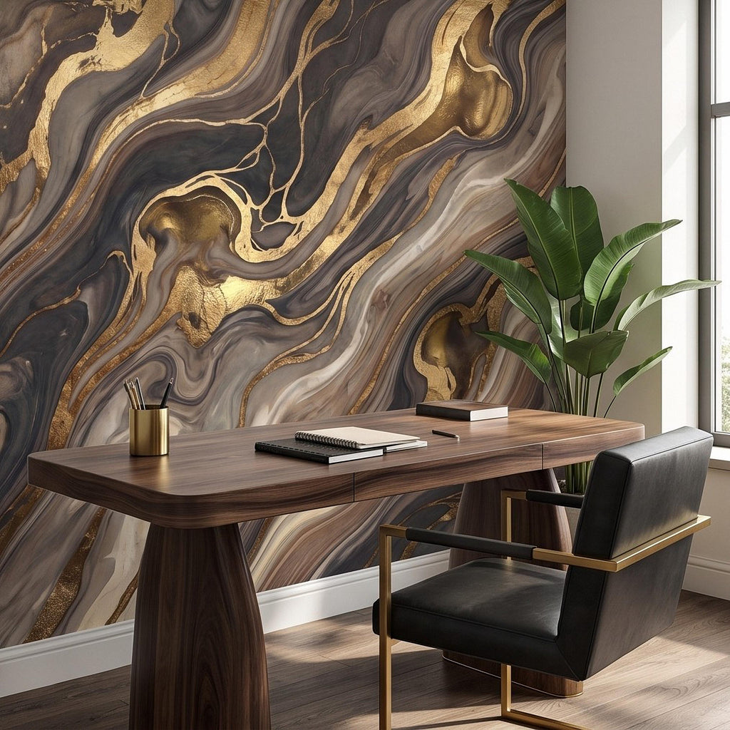 Abstract Fluid Stone Peel and Stick Wall Mural, Black Taupe Gold Organic Mineral Texture Luxury Wallpaper