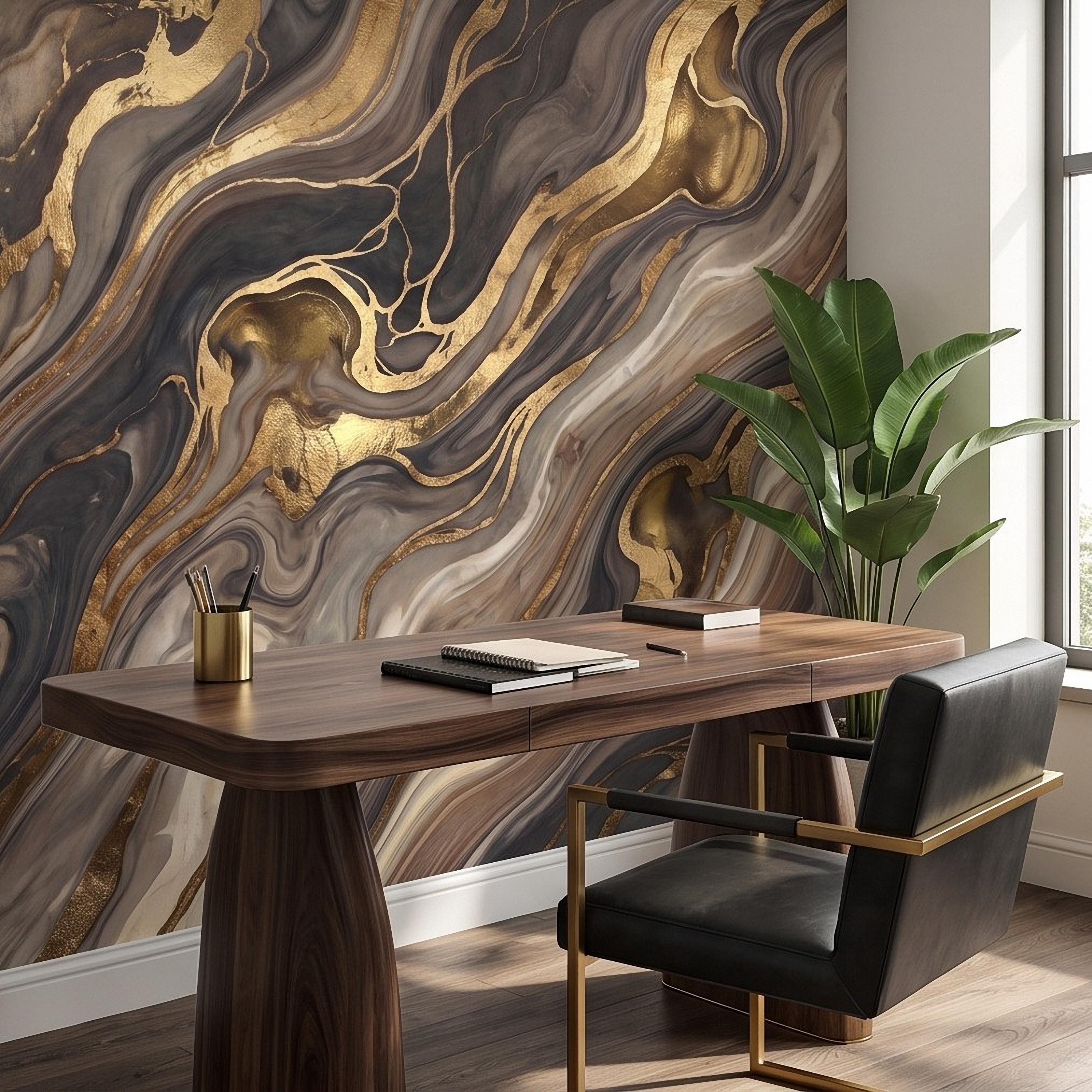 Abstract Fluid Stone Peel and Stick Wall Mural, Black Taupe Gold Organic Mineral Texture Luxury Wallpaper