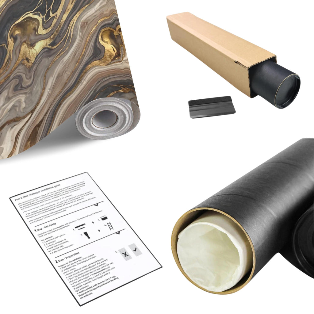 Abstract Fluid Stone Peel and Stick Wall Mural, Black Taupe Gold Organic Mineral Texture Luxury Wallpaper