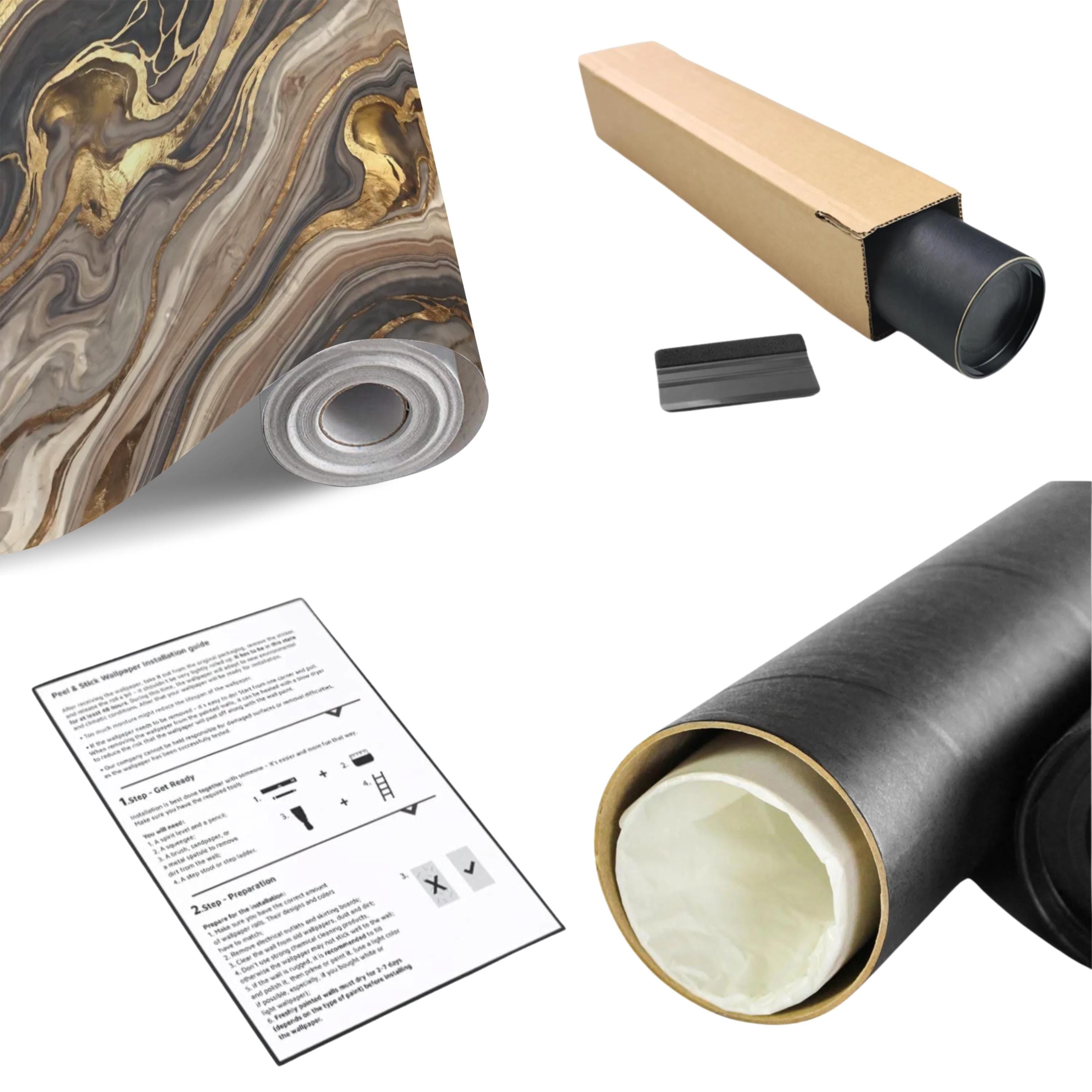 Abstract Fluid Stone Peel and Stick Wall Mural, Black Taupe Gold Organic Mineral Texture Luxury Wallpaper