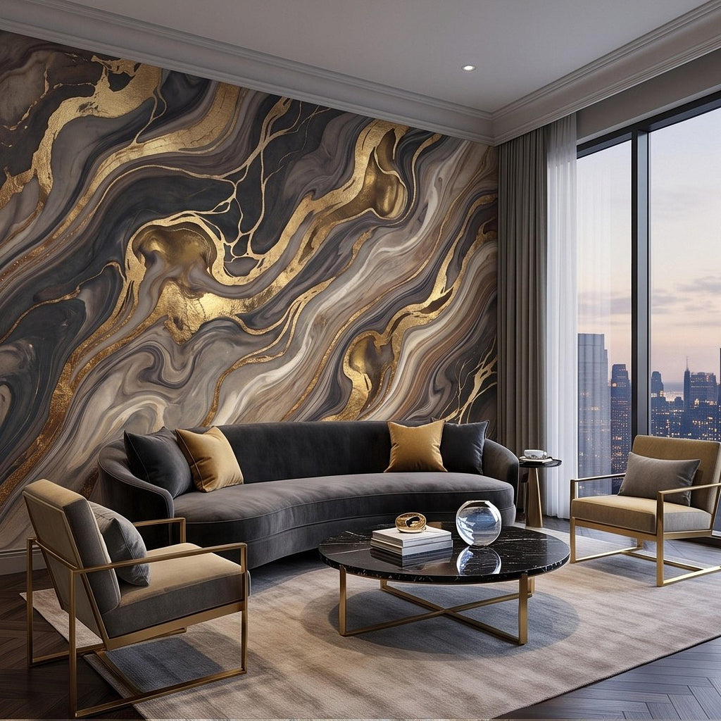 Abstract Fluid Stone Peel and Stick Wall Mural, Black Taupe Gold Organic Mineral Texture Luxury Wallpaper