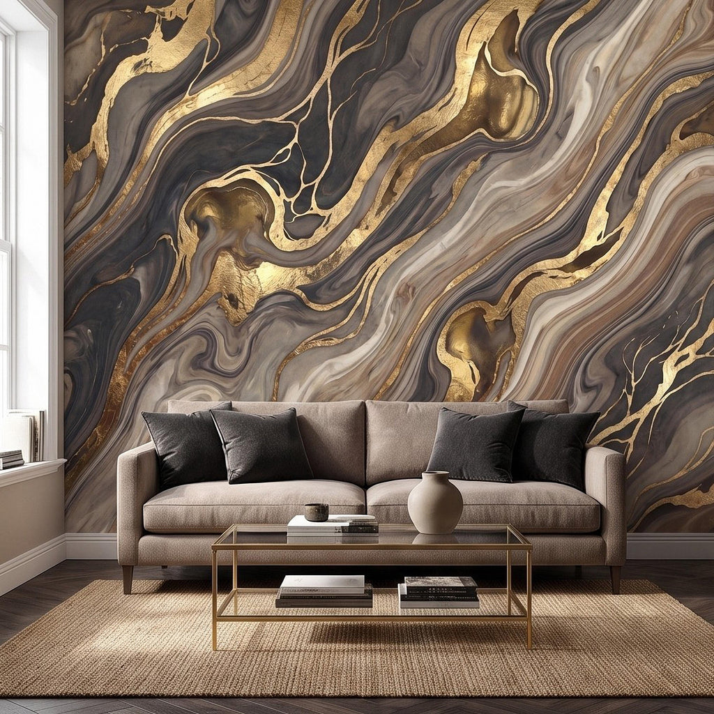 Abstract Fluid Stone Peel and Stick Wall Mural, Black Taupe Gold Organic Mineral Texture Luxury Wallpaper