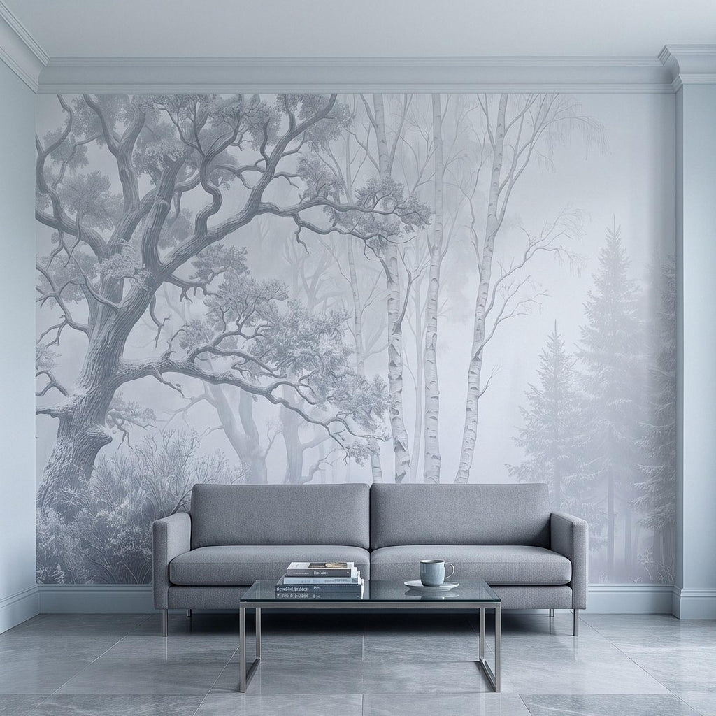 Winter Forest Peel and Stick Wall Mural, Snow Covered Birch Trees Misty Woodland Frosted Landscape Wallpaper