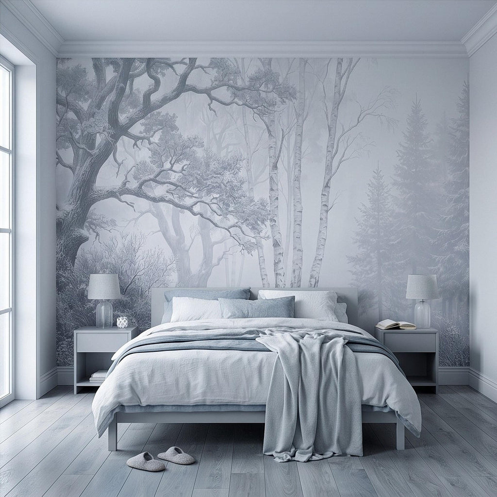 Winter Forest Peel and Stick Wall Mural, Snow Covered Birch Trees Misty Woodland Frosted Landscape Wallpaper