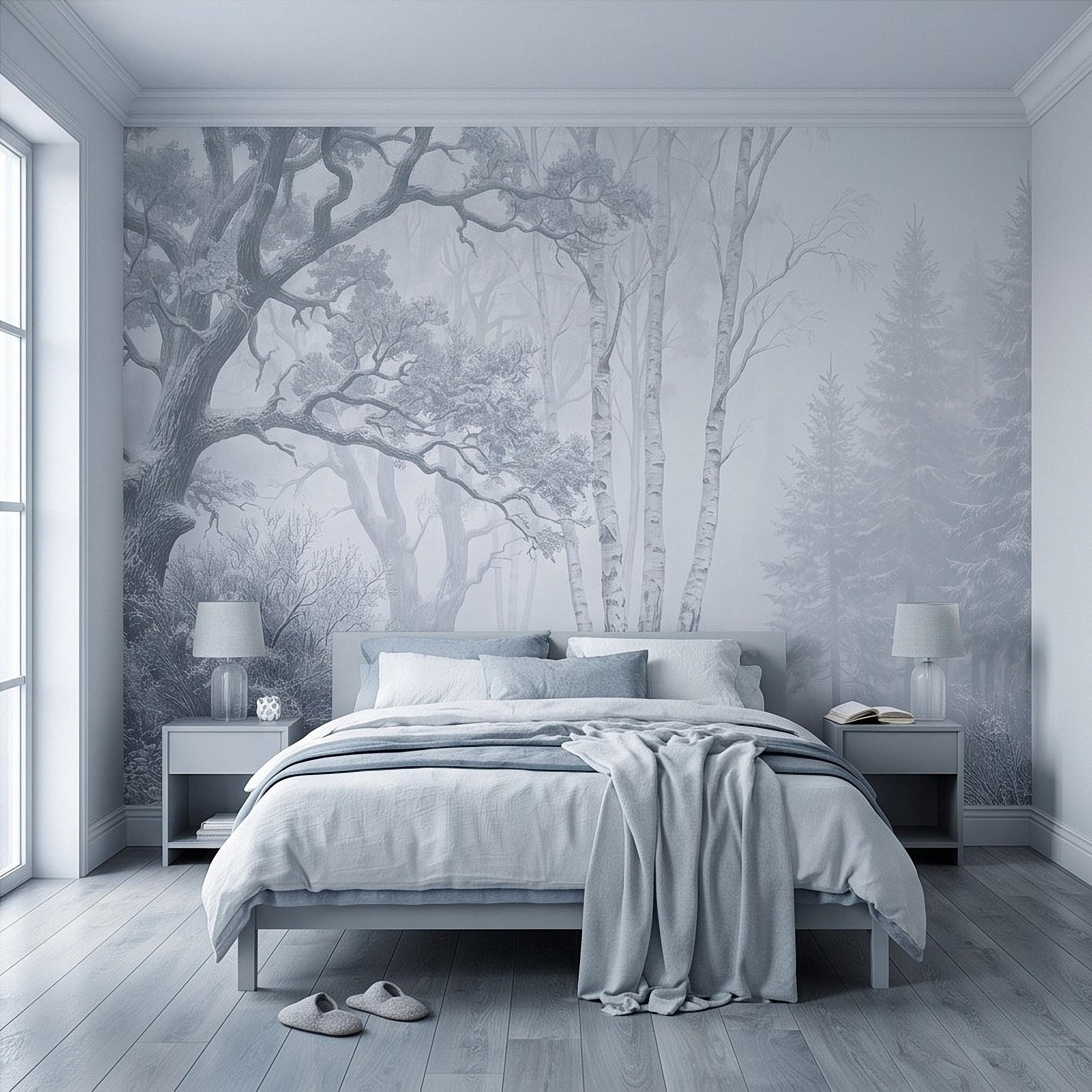 Winter Forest Peel and Stick Wall Mural, Snow Covered Birch Trees Misty Woodland Frosted Landscape Wallpaper